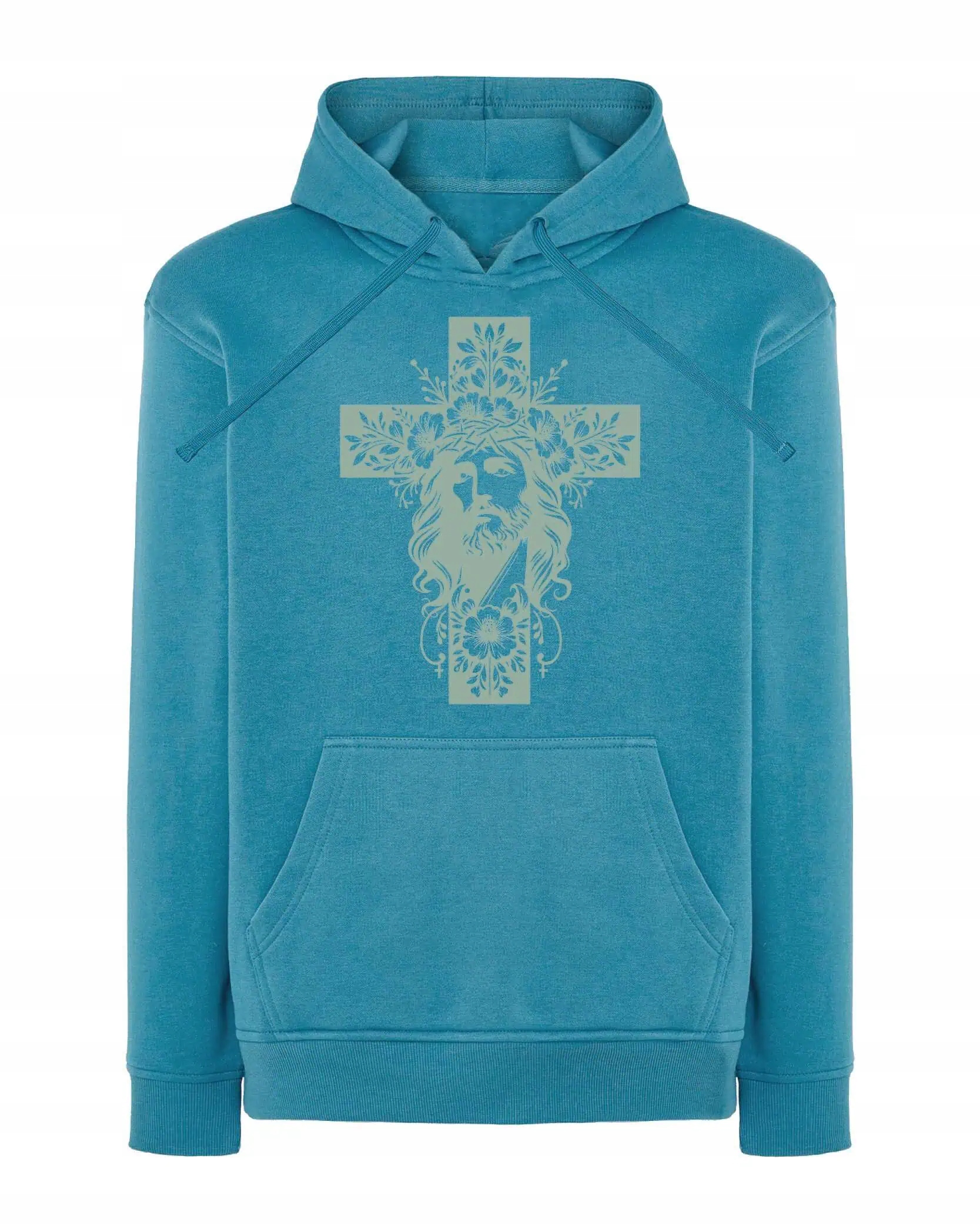 Mikina s kapucí Ježíš Kříž Víra Květiny Světle modrá M