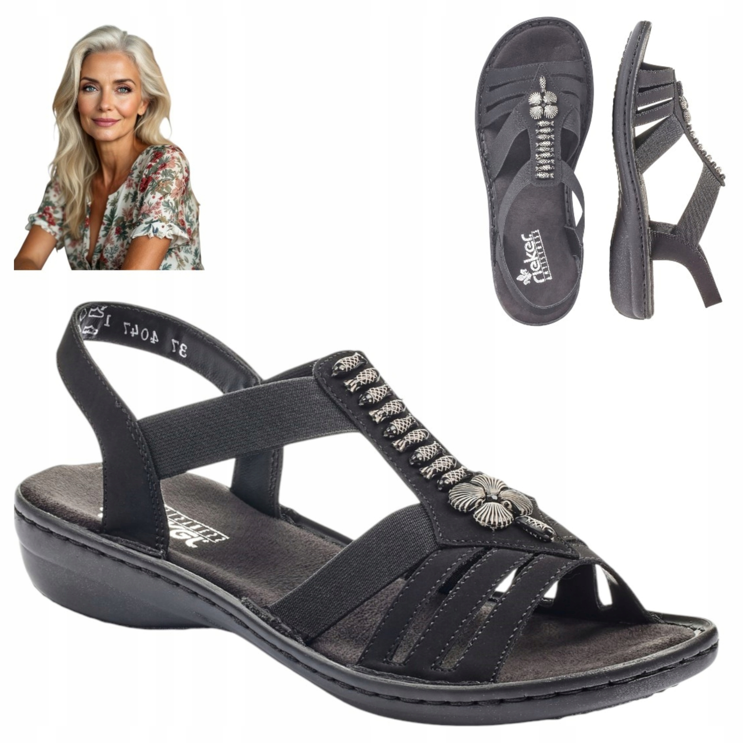 Sandały Damskie Sportowe Płaskie 40 Rieker Czarne Niskie