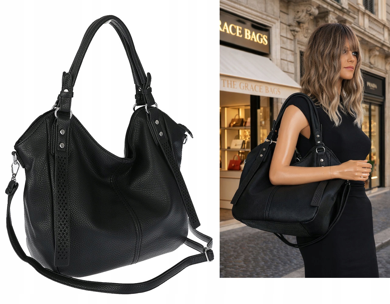 Dámská kabelka shopper taška kabelka přes rameno prostorná přes rameno LH6004 Černá