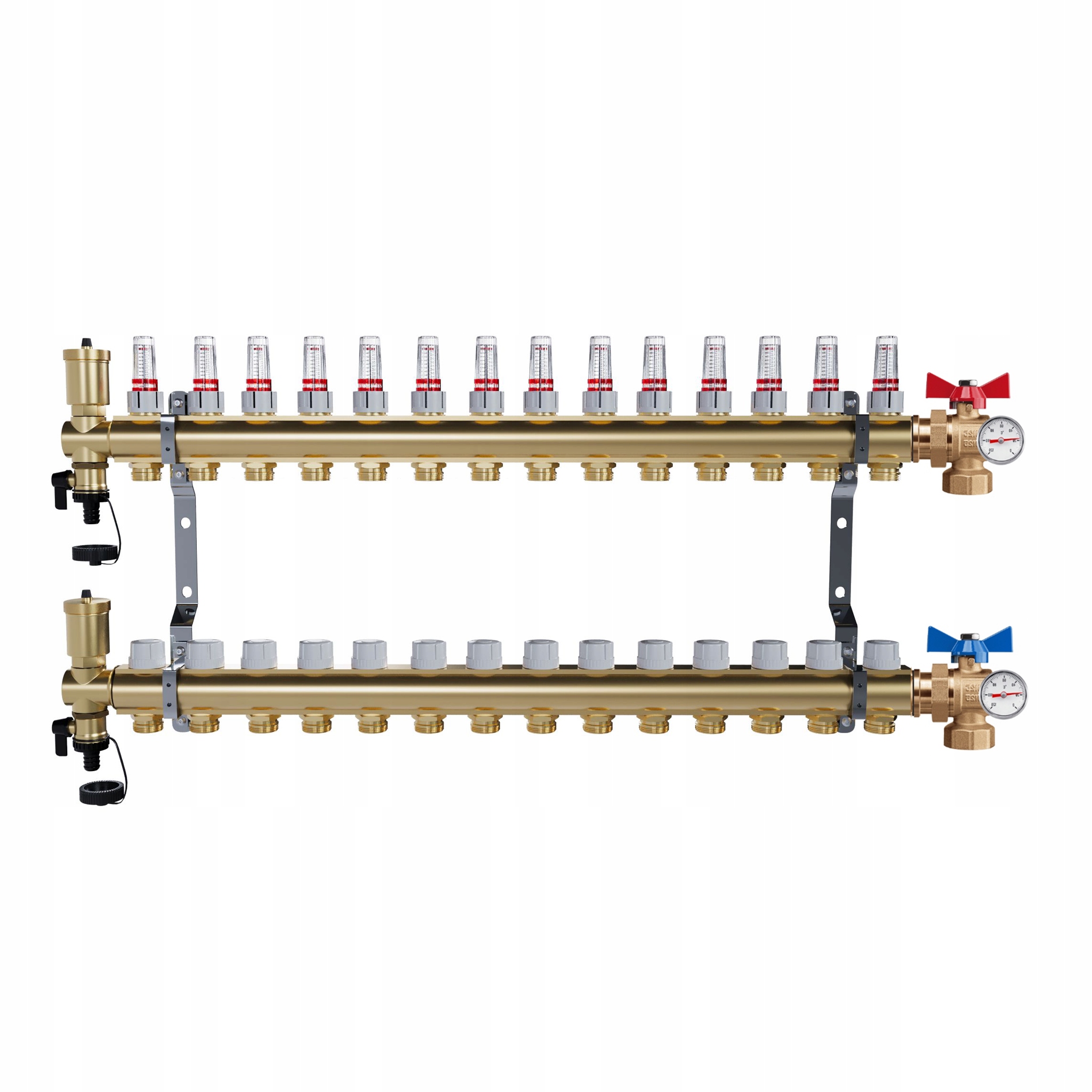 Rozdělovač mosazný Podlahovky 14 okruhů Kulové ventily Teploměr