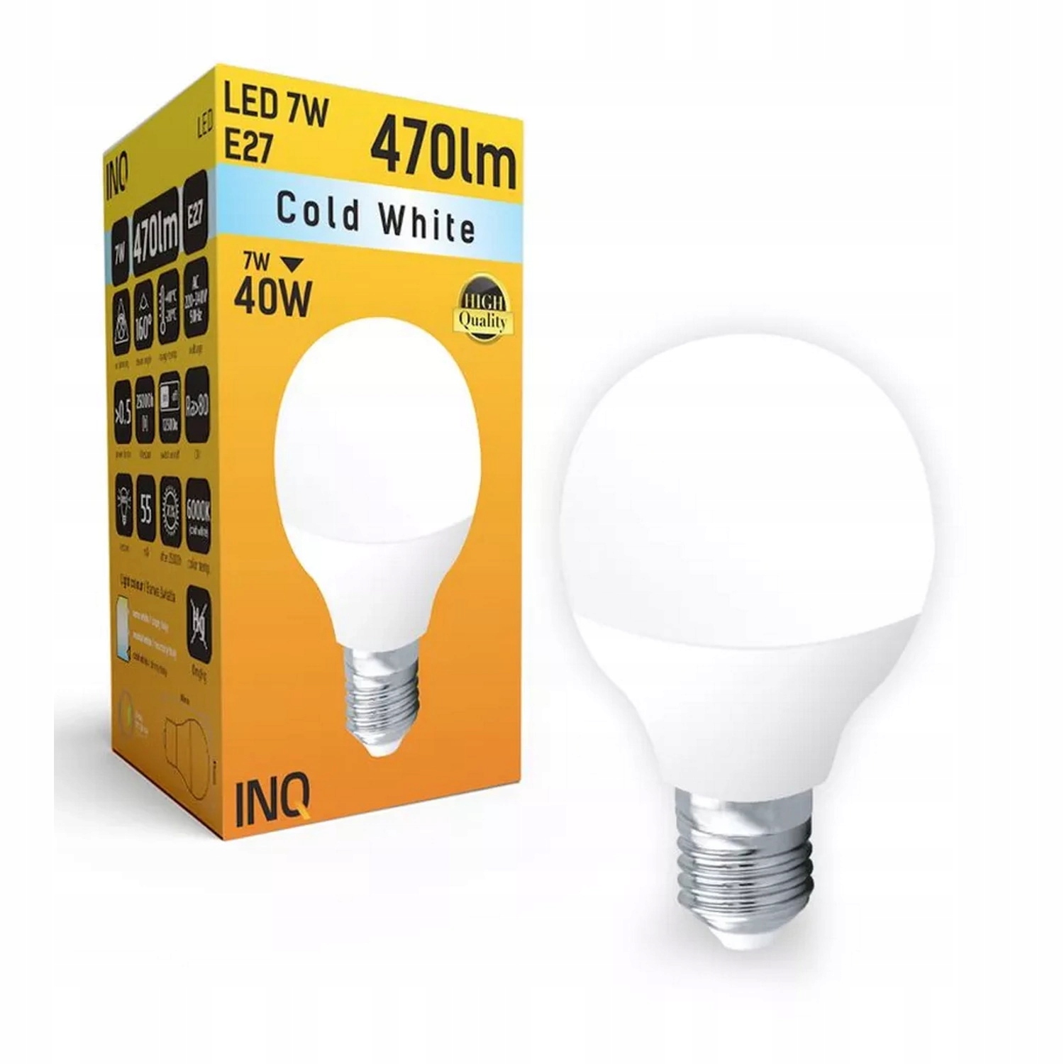 

Inq E27 7W (40W) P45 kulka 470lm 6000K zimna biała