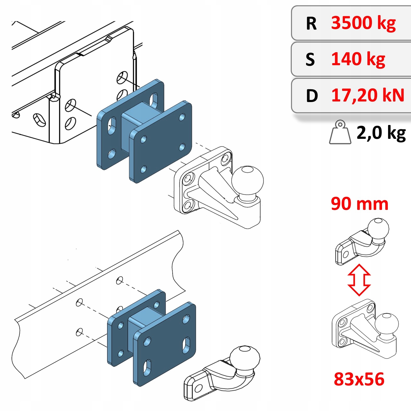 Adaptér hákovej gule 90->83x56 Regulačná vzdialenosť