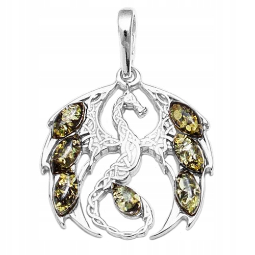 Smok přívěsek s zeleným Jantarem 100% pravé stříbro AG925