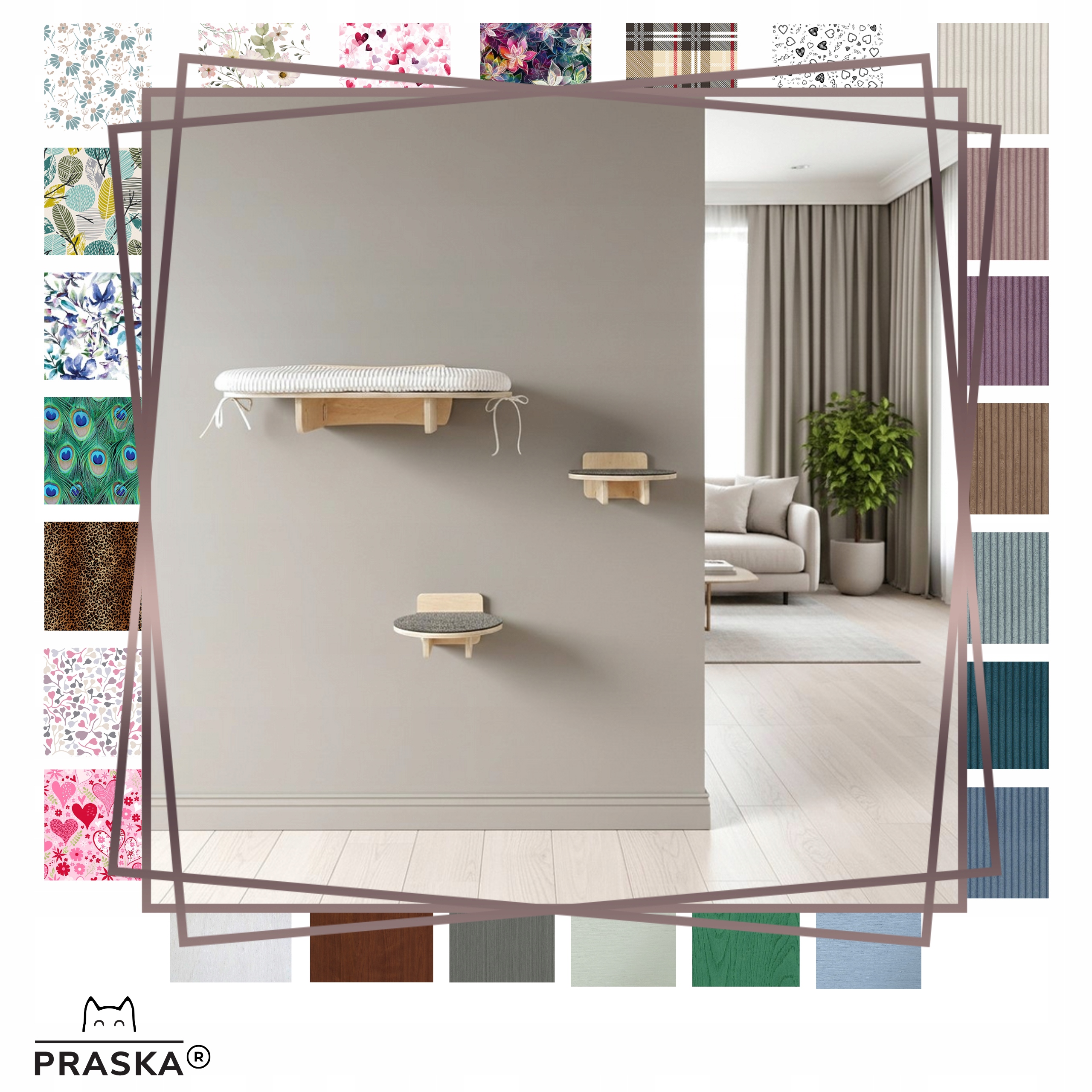 Praska Sada 9 polic na zeď pro kočky škrabadlo Kociostrada překližka Barva