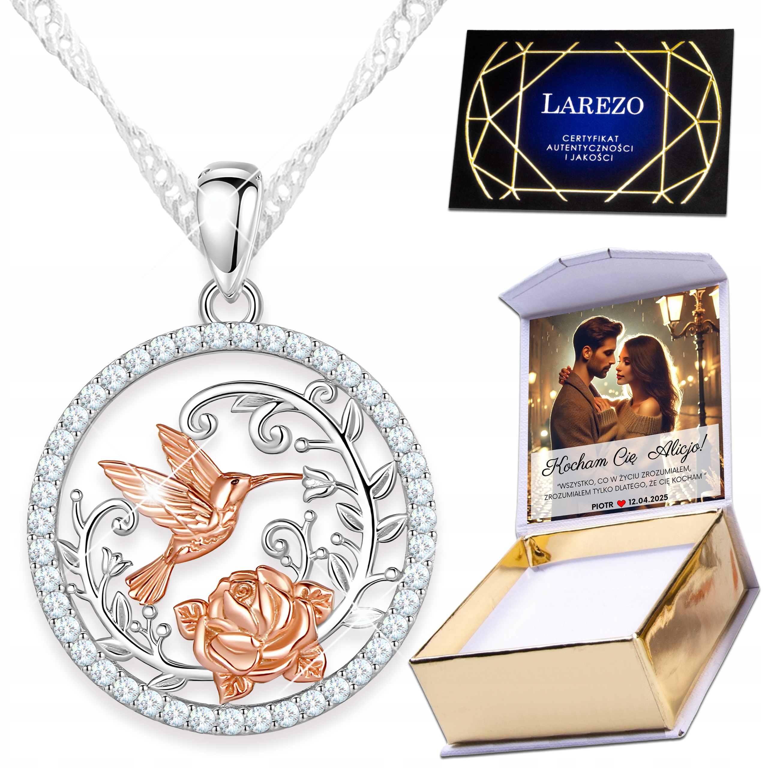 Stříbrný náhrdelník 925 Křišťálové kolečko s ptákem růží Pták Kolibřík Potisk