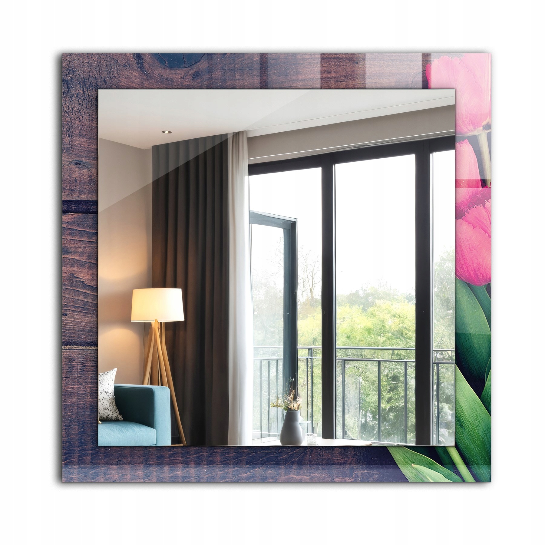 Zrcadlo do koupelny ložnice obývacího pokoje s potiskem 60x60 Růžové tulipány ze dřeva