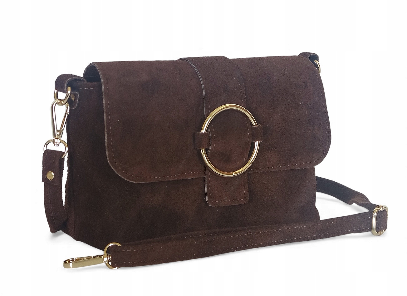 Vera Pelle Cudowna zamszowa czekoladowa listonoszka na długim pasku S55