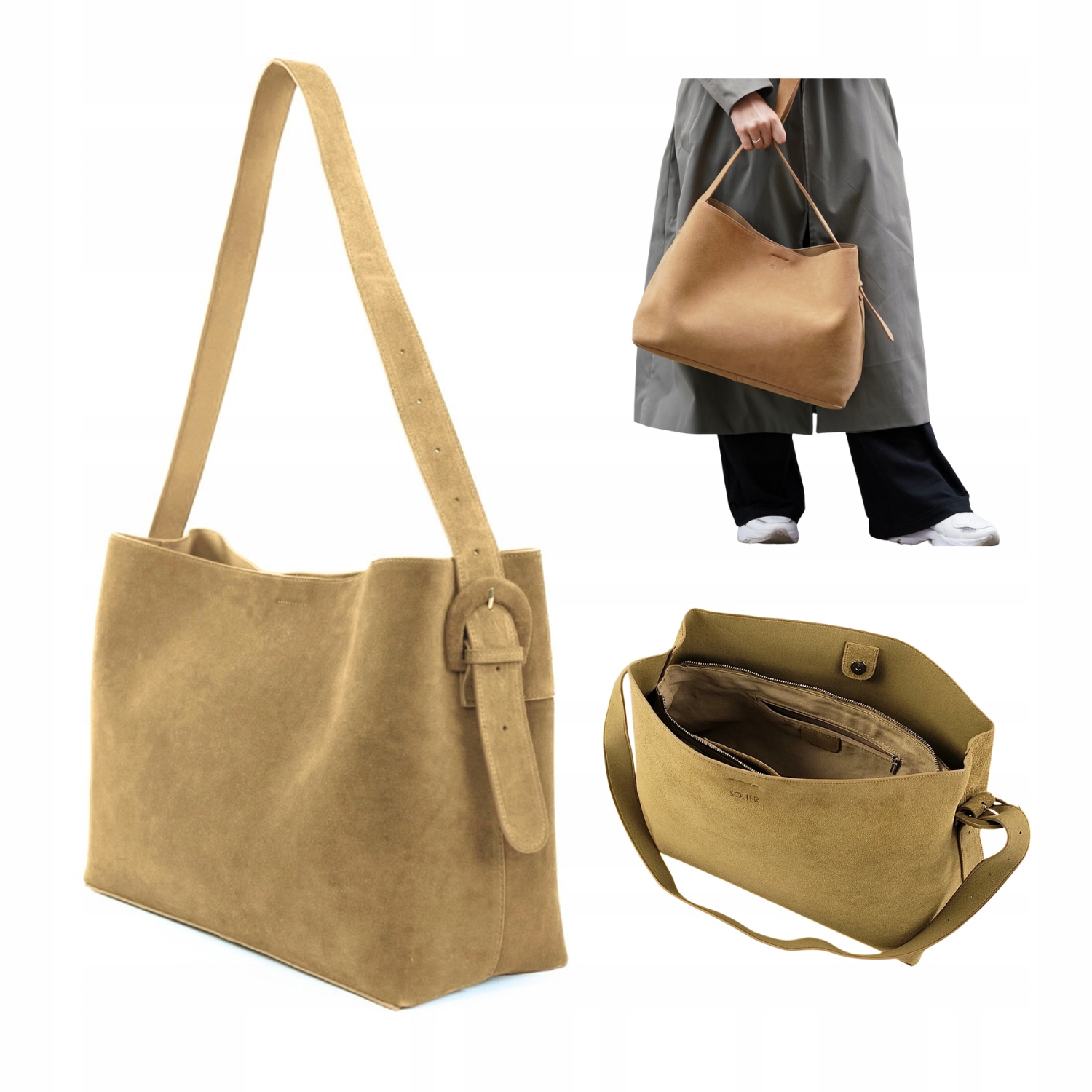 Dámská kožená semišová taška Solier kabelka přes rameno shopper dárek