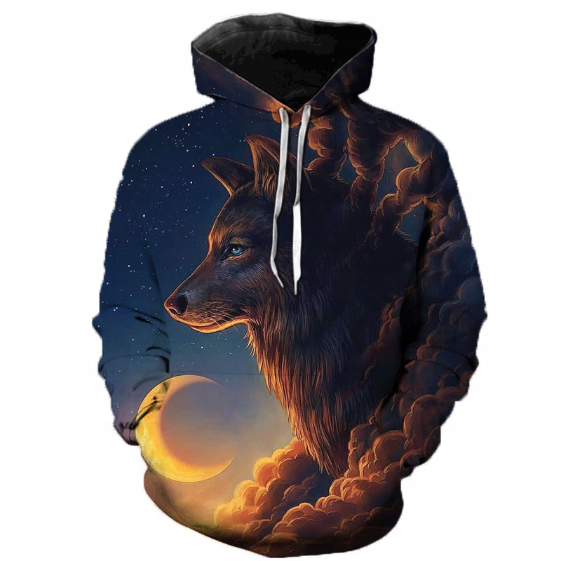 Pánská mikina s kapucí Vlk, motiv Vlka a Měsíce 3D potisk M