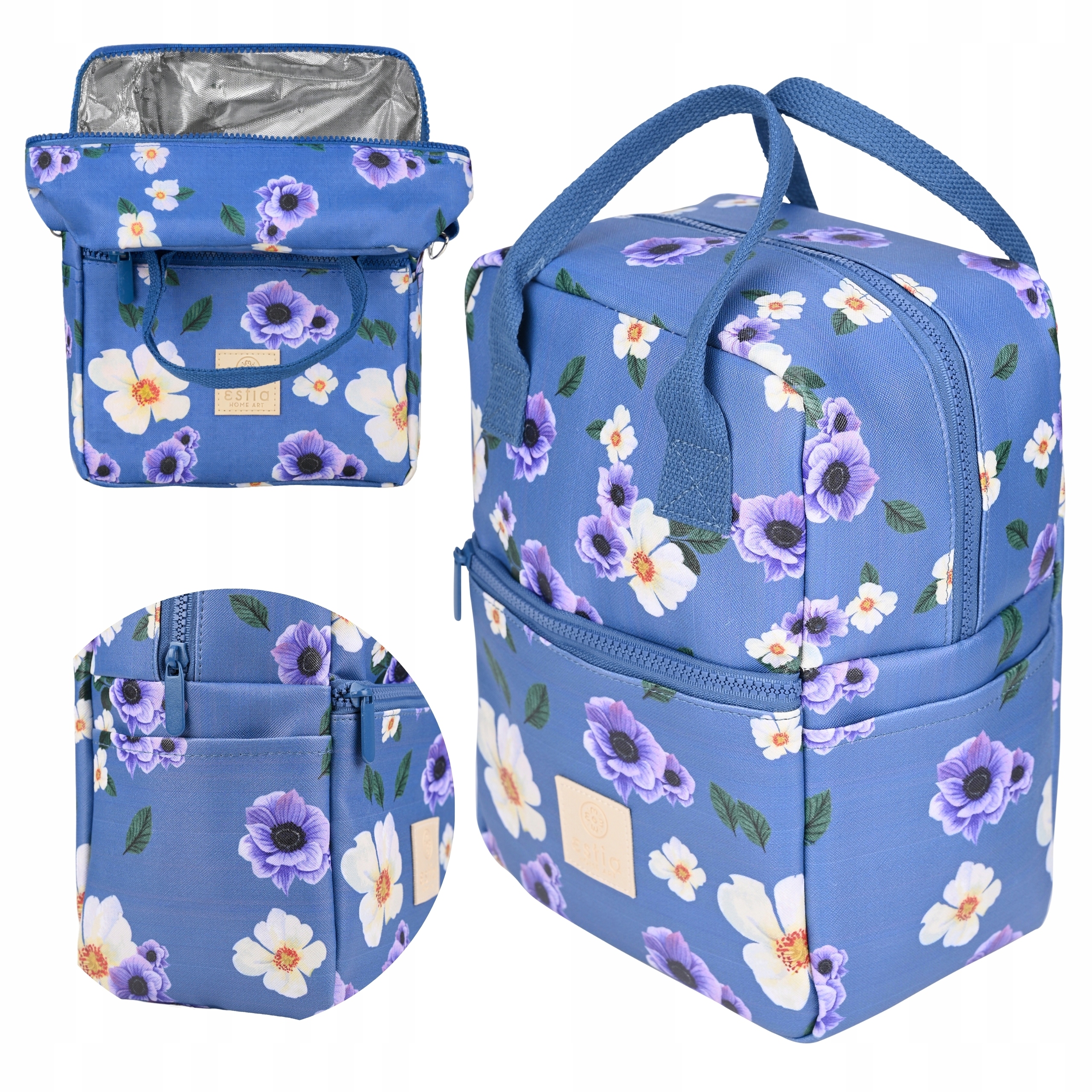 Torba termiczna na jedzenie napoje do pracy szkoły niebieska w kwiaty 7L