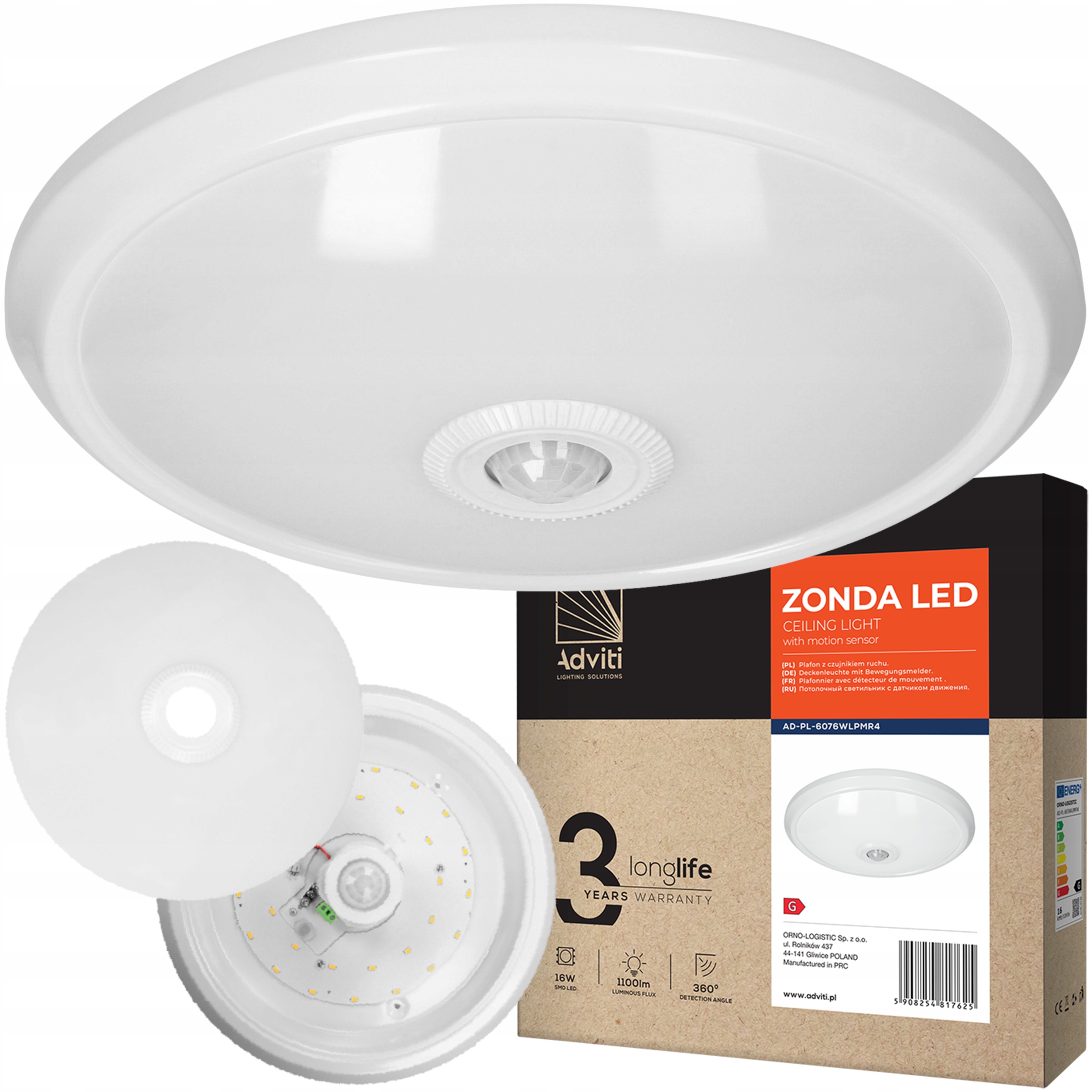Plafon Lampa Z Czujnikiem Ruchu Pir I Zmierzchu Led 16W 360° Nietłukący