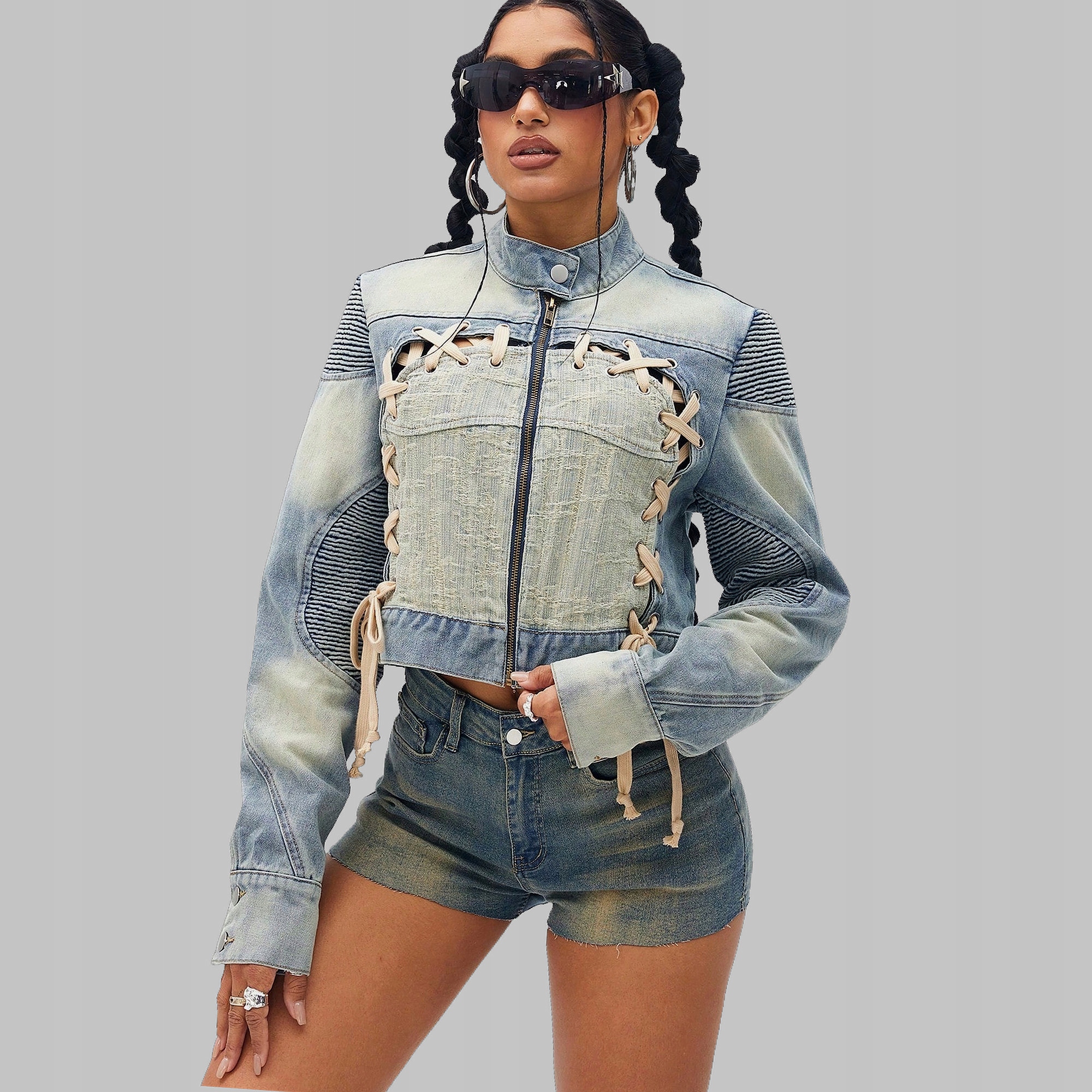 Džínová Bunda Krátká Biker Vintage Šněrovací Modrá Casual Shein S 36