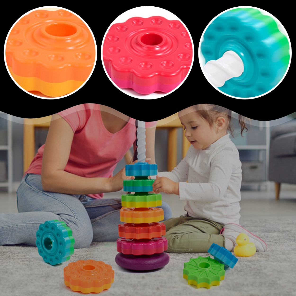 CSAVART TORONY OKTATÓ JÁTÉK SZIVÁRVÁNY PIRAMIS SPIRÁL GYEREKNAP Anyag műanyag