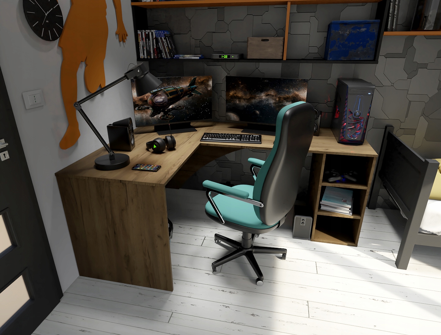 Biurko Gamingowe Komputerowe Gracza Narożne Dąb Złoty Craft Kolor mebla dąb craft dąb craft złoty