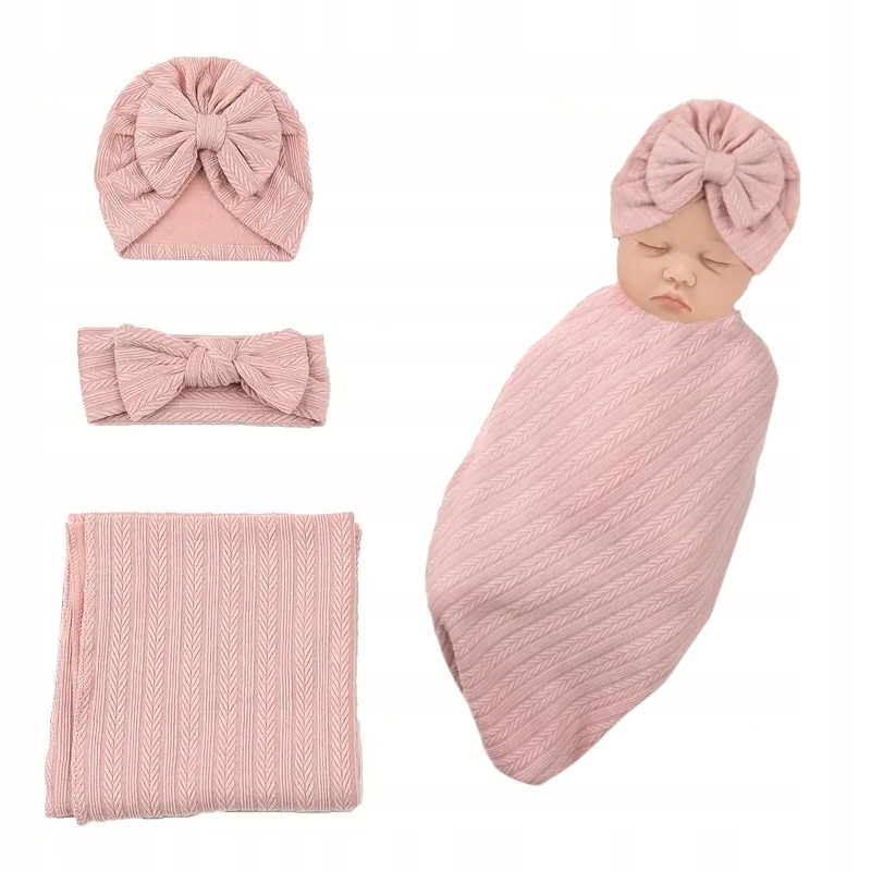 ZESTAW DLA NOWORODKA PINK OPASKA KOC TURBAN CZAPKA 100% BAWEŁNA Rozmiar (new) one size