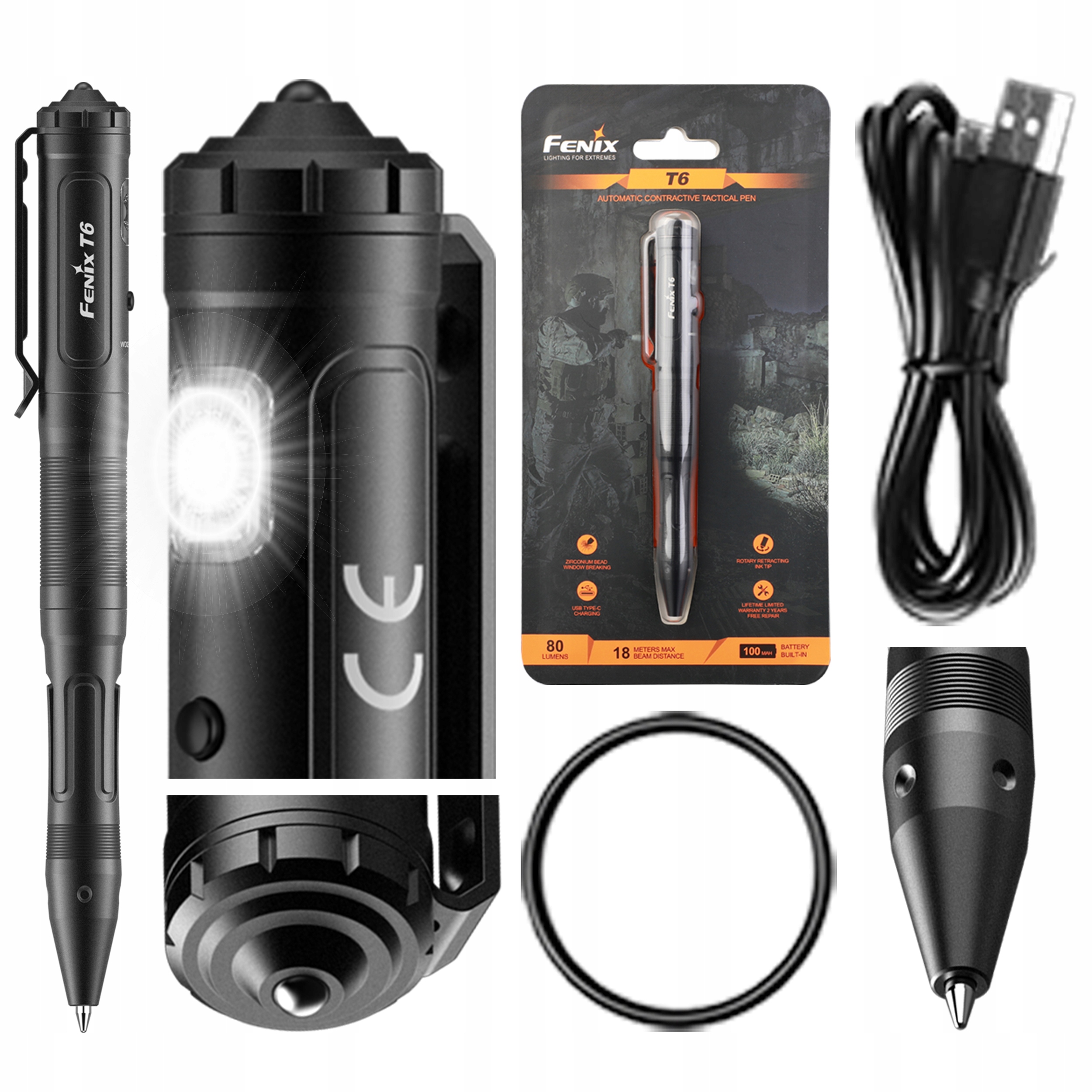 Długopis z latarką Fenix T6 80 lm Usb-c Kubotan