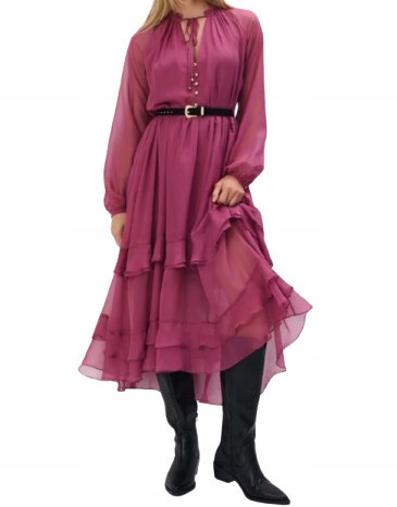 Różowa Szyfonowa Sukienka MIDI Z Długim Rękawem Wiązanie Pasek Mohito 42