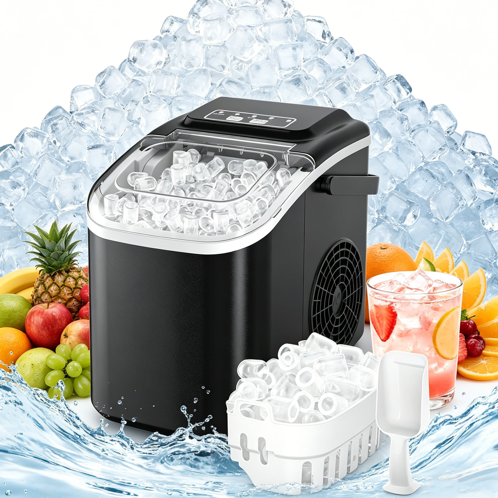 Výrobník ledu 1,2 l 12 kg/24 h Černá Výkonná Rychlá Tichá Samočištění