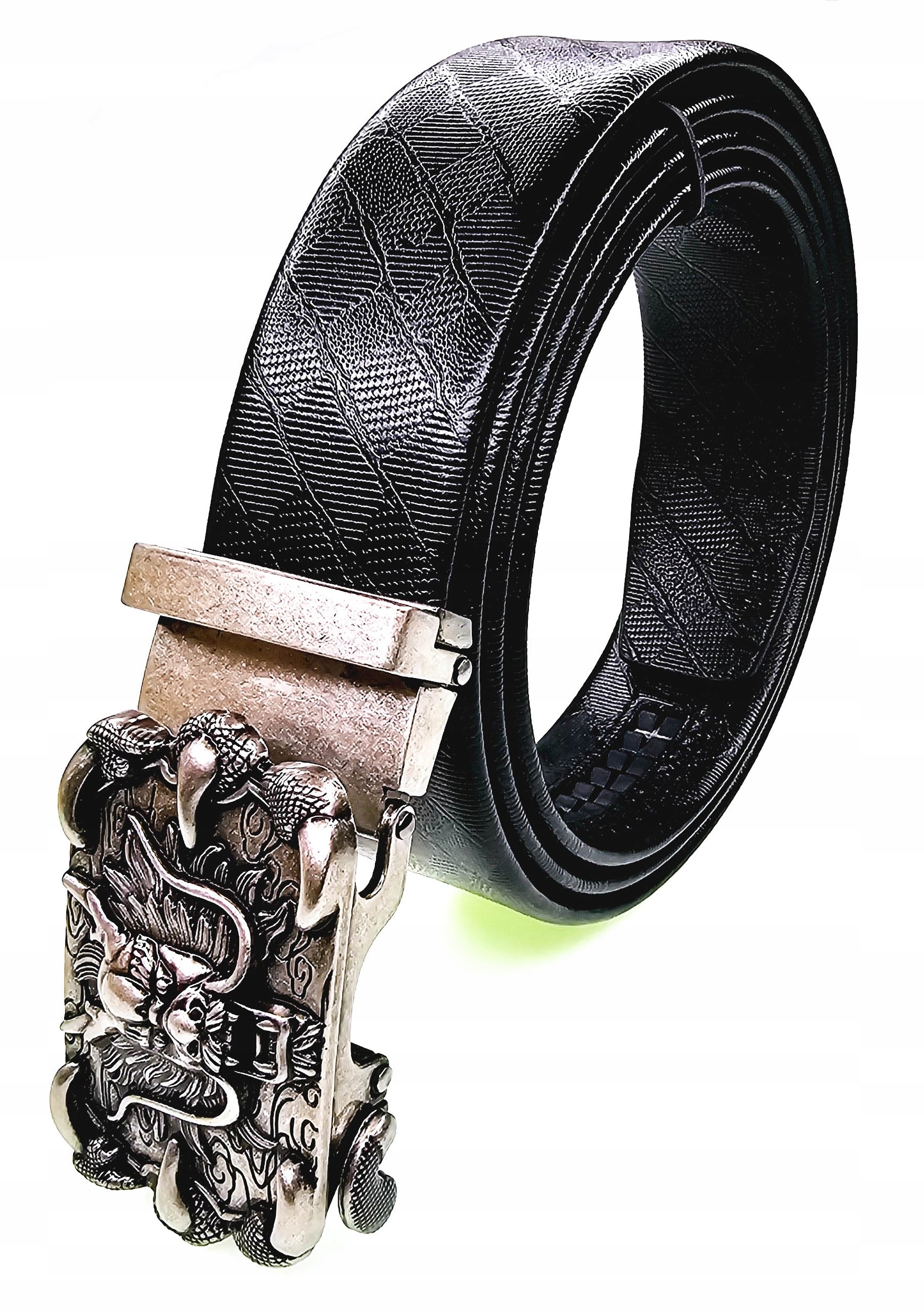 Luxusní Černý Pánský Kožený Opasek Automatický Stříbrný Drak 105 CM