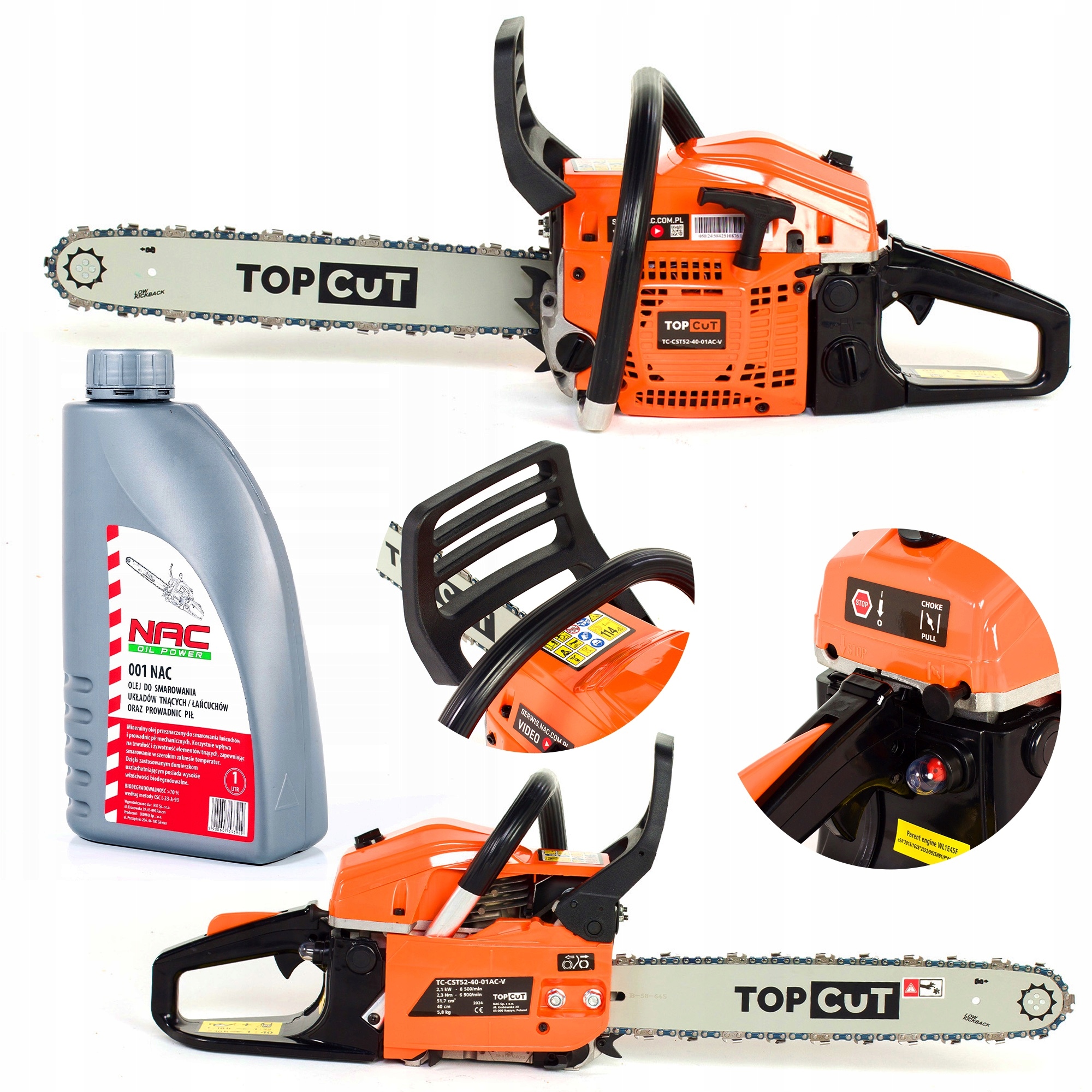 Piła Łańcuchowa Pilarka Spalinowa Top Cut TC-CST52-40-01AC-V Olej Nac 1L