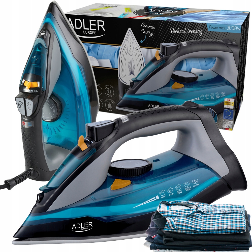 Żelazko Parowe Adler Ad 5032 3000W Ceramiczne Pionowy Wyrzut Pary Anti Drip-Zdjęcie-0