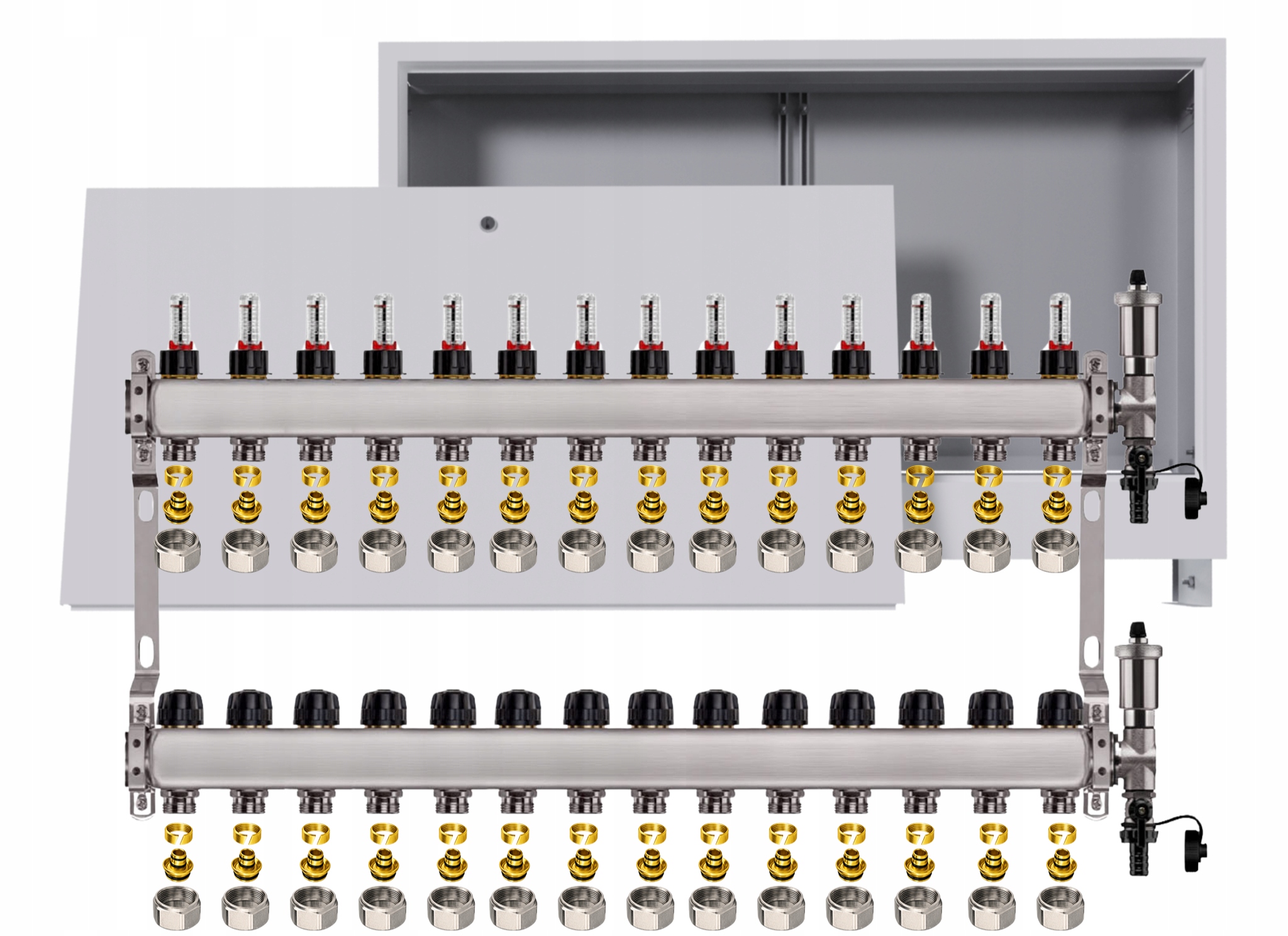 Nerezový rozdělovač pro podlahovku 14 okruhů s podomítkovou schránkou Pex