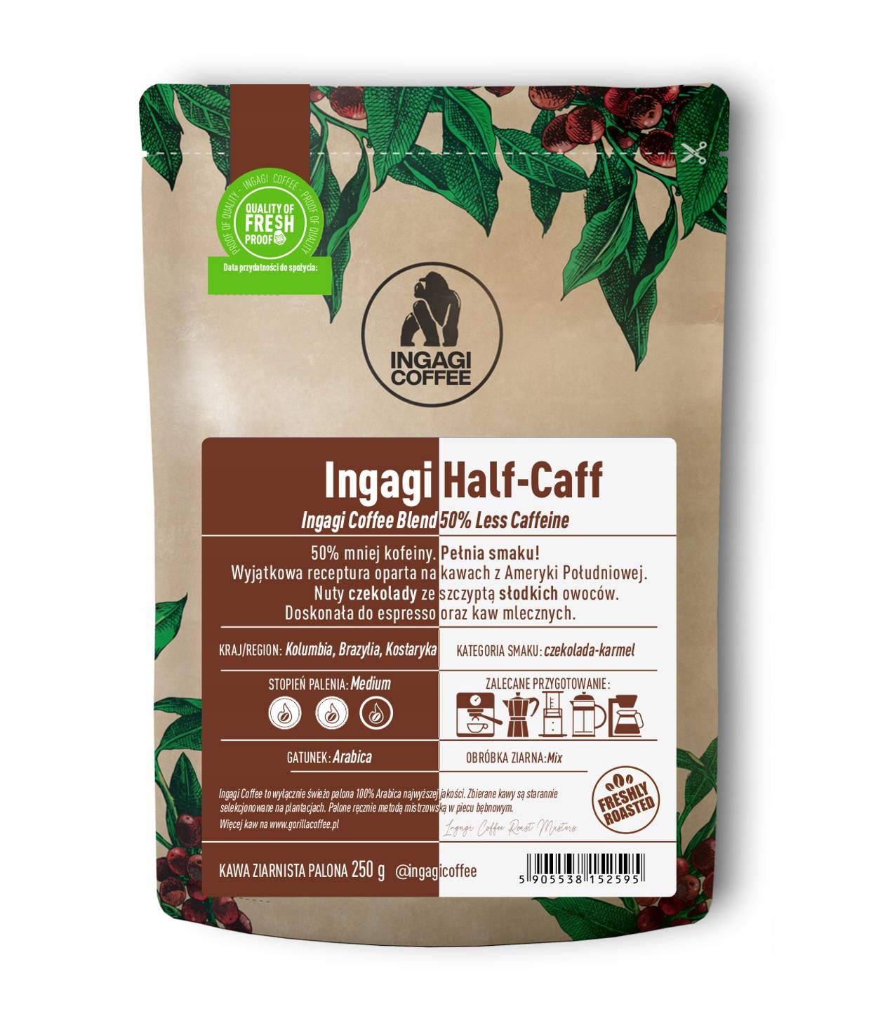 Káva zrnková 1 kg Ingagi Half Caff, o 50 % méně kofeinu Novinka Arabika