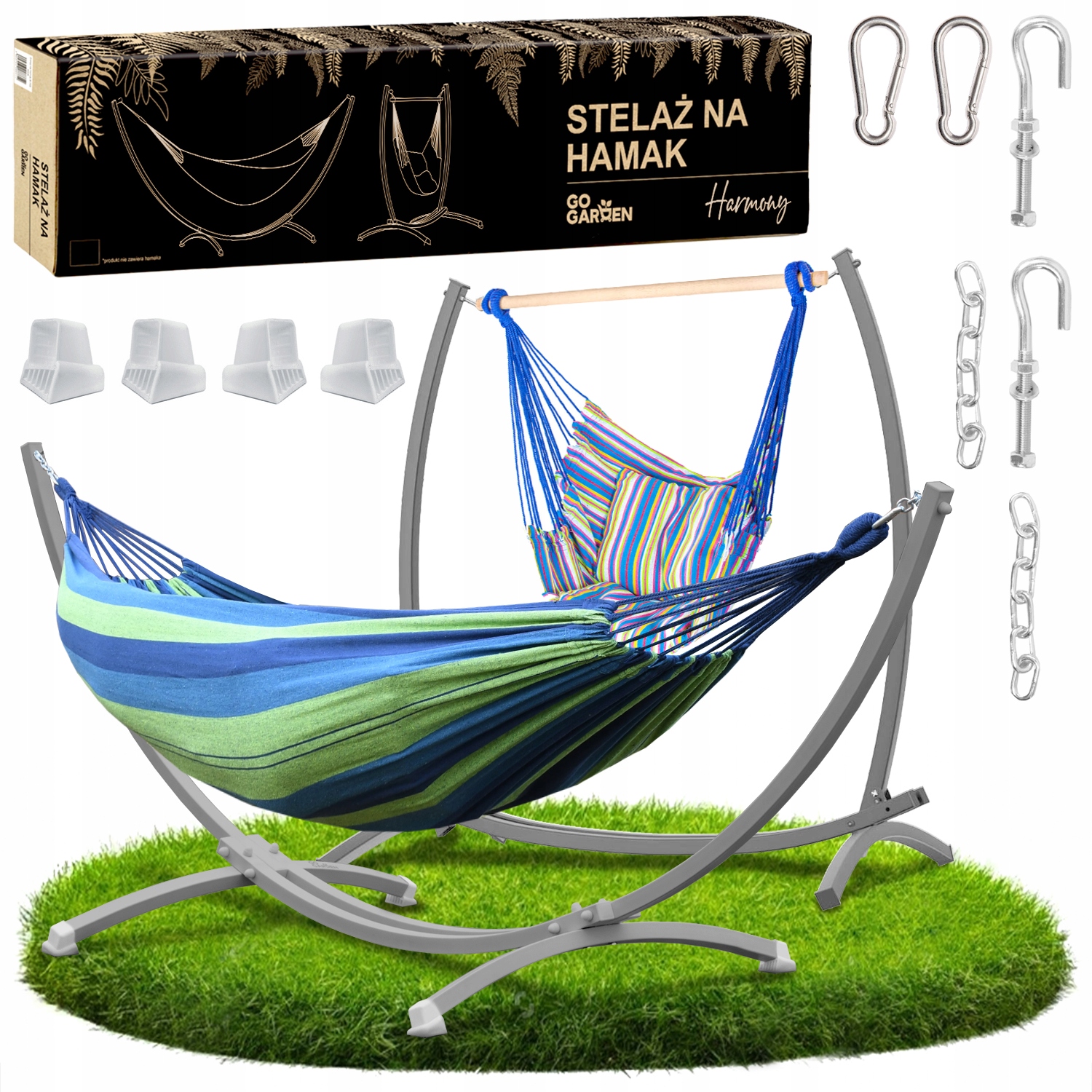 Hamak ze stelażem ogrodowy dwuosobowy stojak metalowy fotel wiszący 2w1