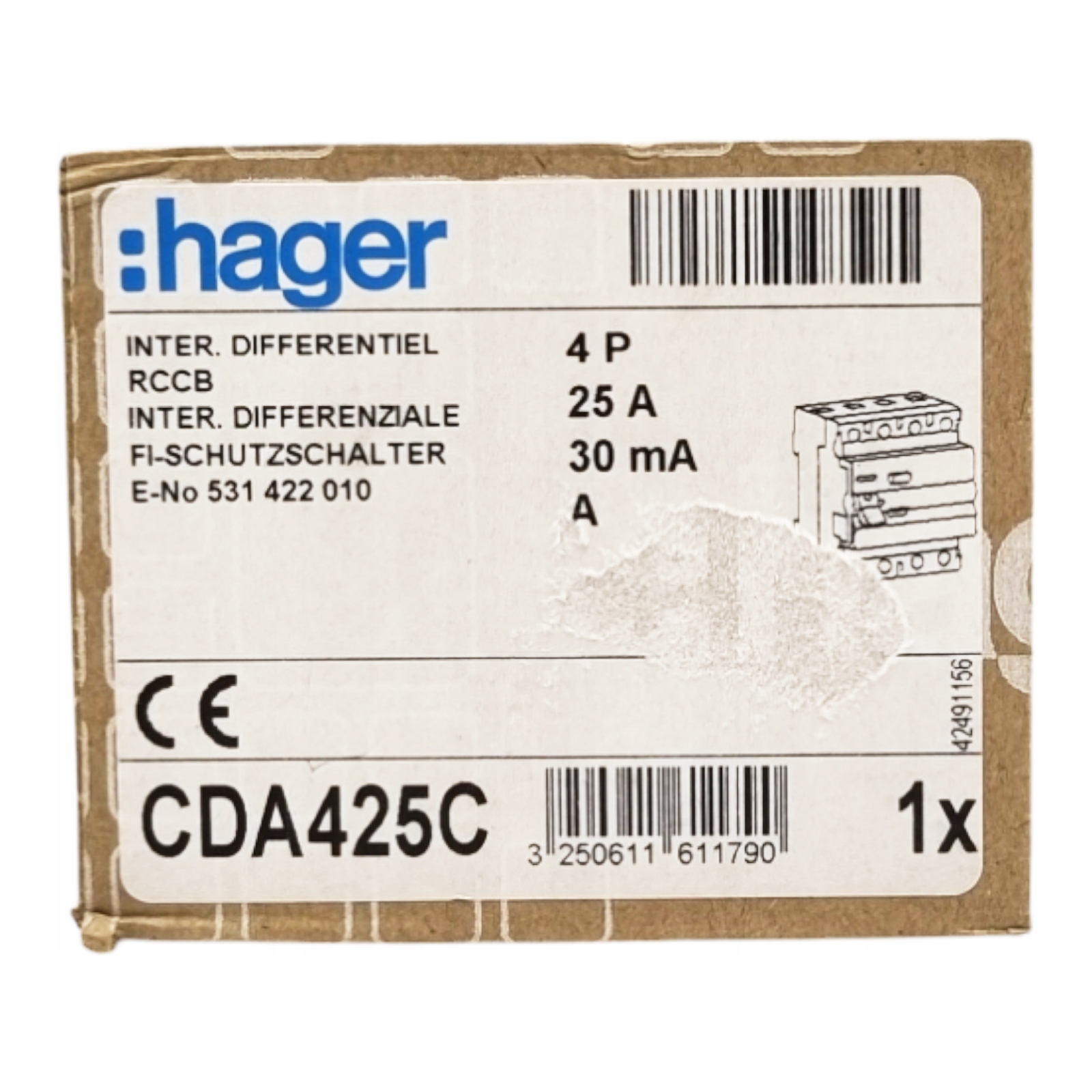 Proudový spínač 4P 25A 30mA A Typ CDA425C Hager