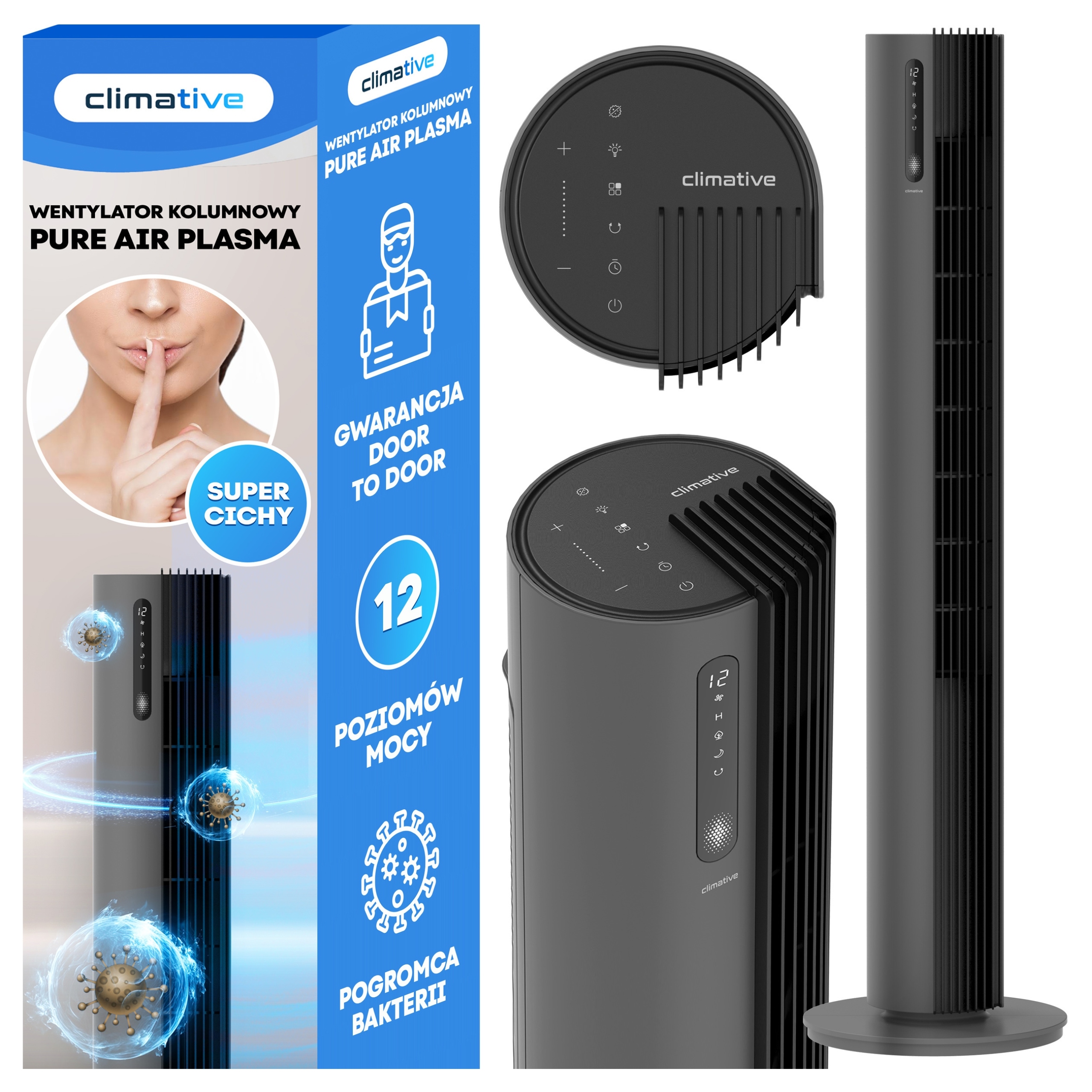 Tichý sloupový ventilátor 12 úrovní Pure Plasma ionizace černý XXL