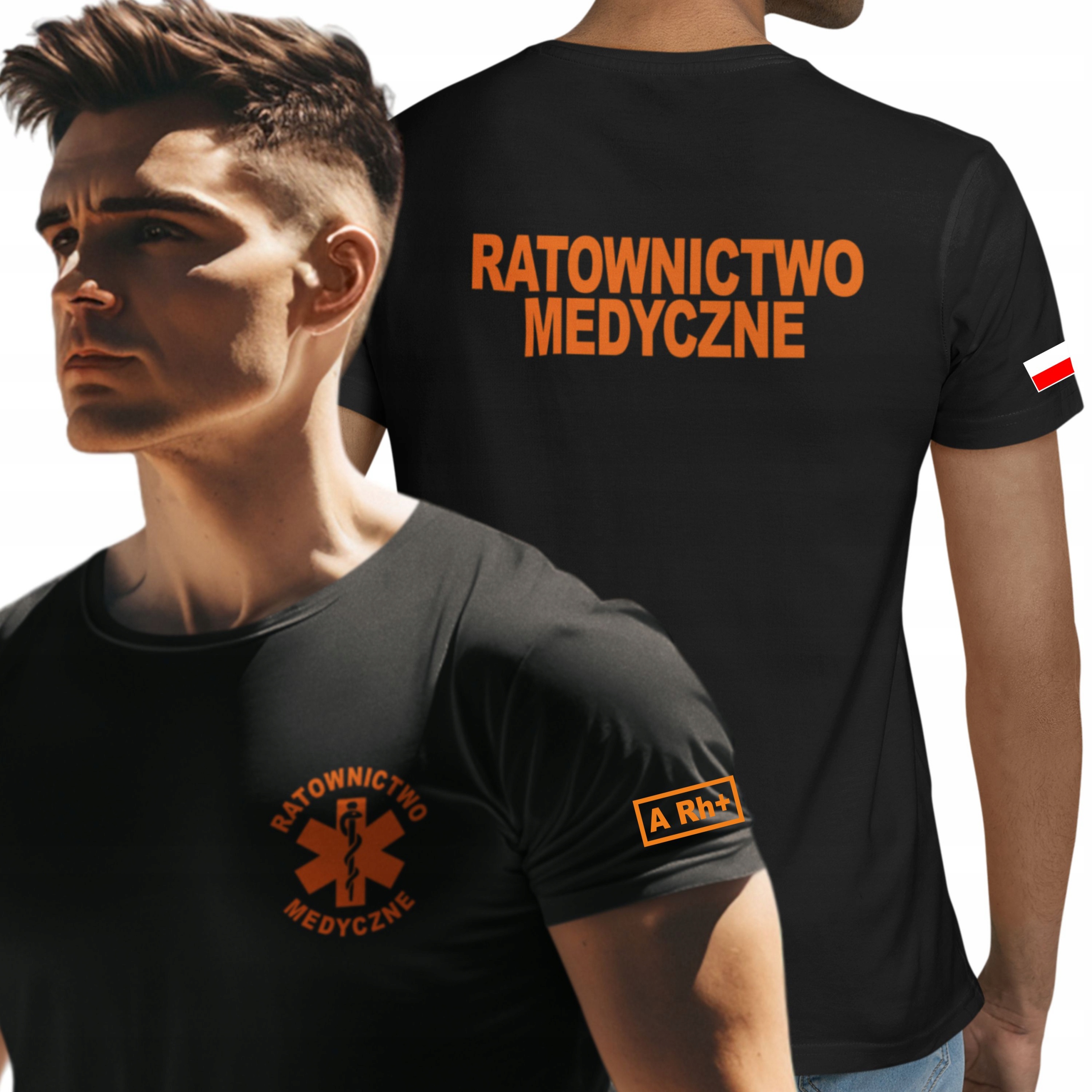 Męska koszulka Ratownictwo Medyczne Eskulap z grupą krwi i flagą Polski 5XL