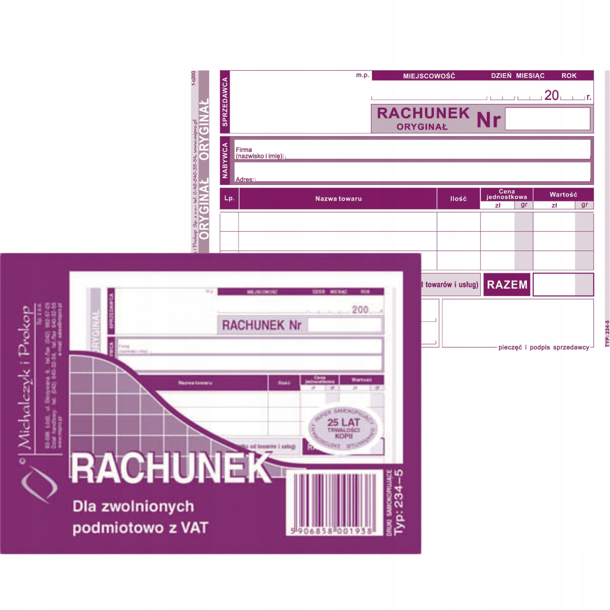 

Druk Rachunek zwolnionych z Vat Mipro 234-5 A6