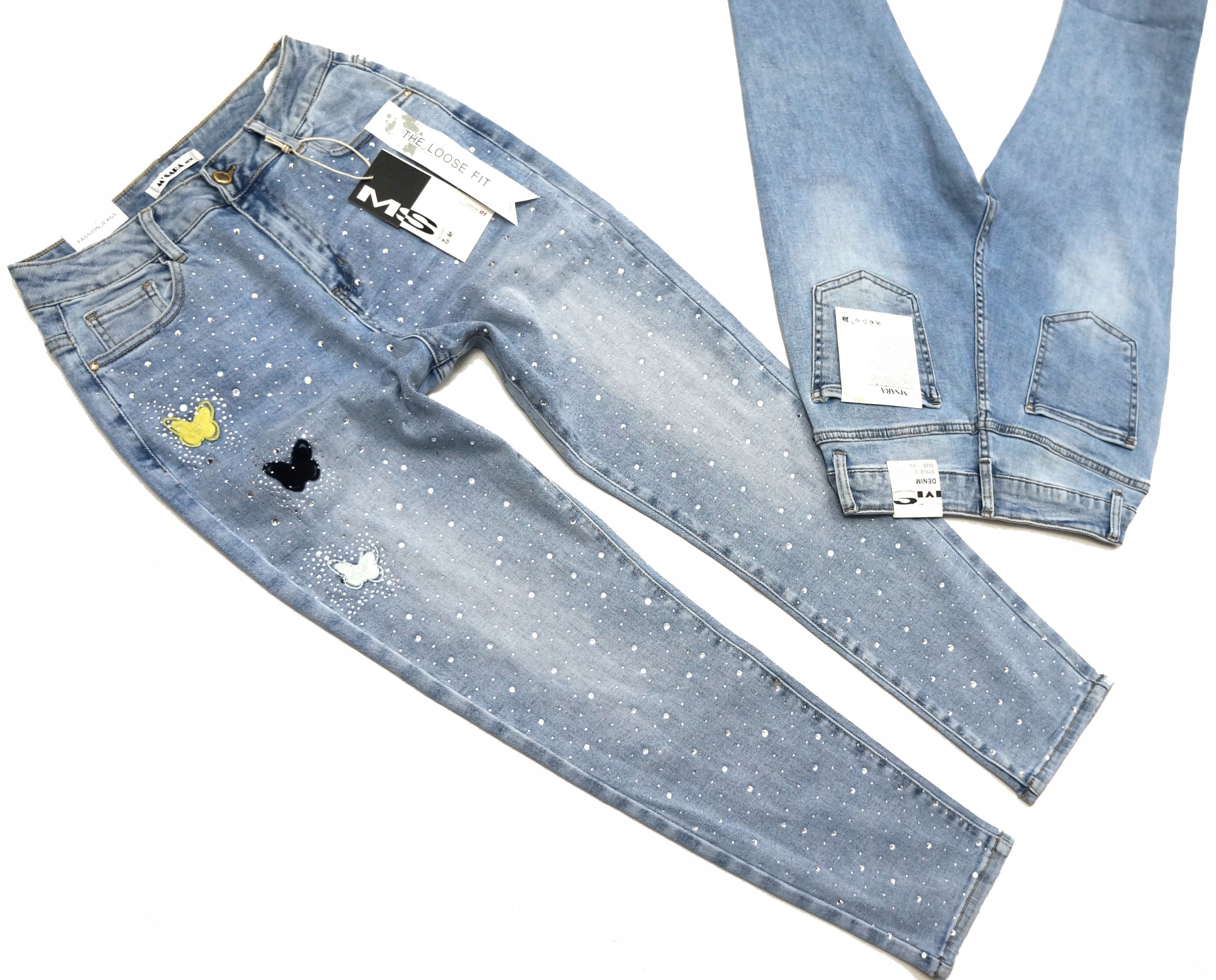 M.sara Biżuteryjne Spodnie Jeansowe Haft Motyle Mom Fit Luźniejsze 34 Xs
