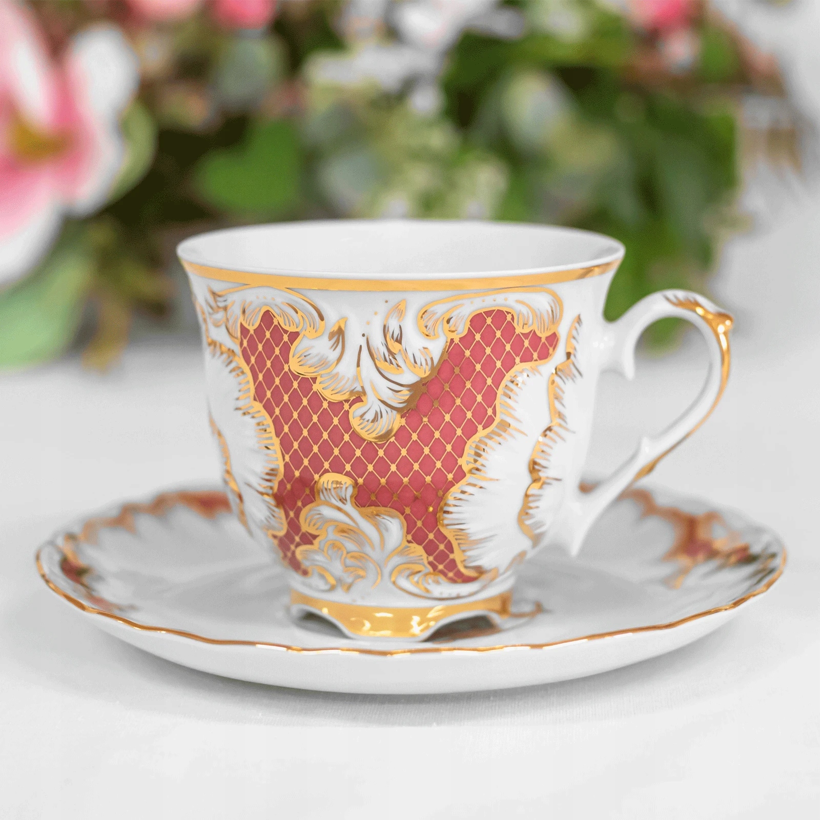 Ćmielów šálka Rococo Ruža 250 ml – pozlátený porcelán certifikát