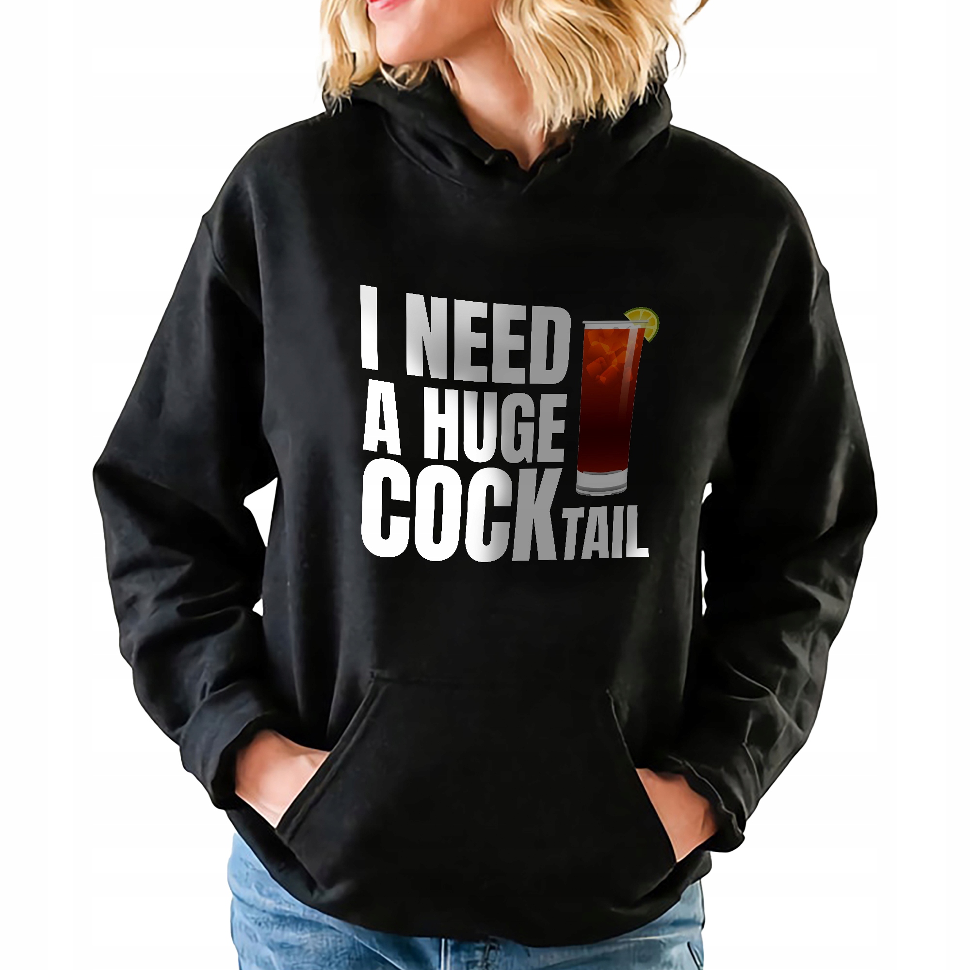 Černá mikina s kapucí I Need Huge Cock-tail Zábavné Grafiky Vel M