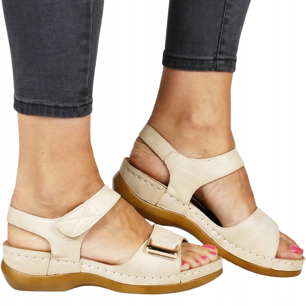 Béžové Sandály Na Podpatku Se Zapínáním Na Na Suchý Zip Letní Boty Měkká Stélka Top