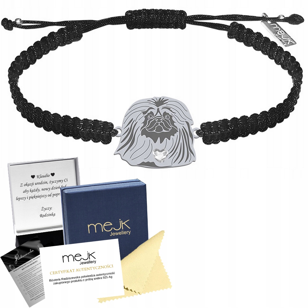 Stříbrný náramek s pekingským psem 925 Makramé Šperky Žena Gravírování