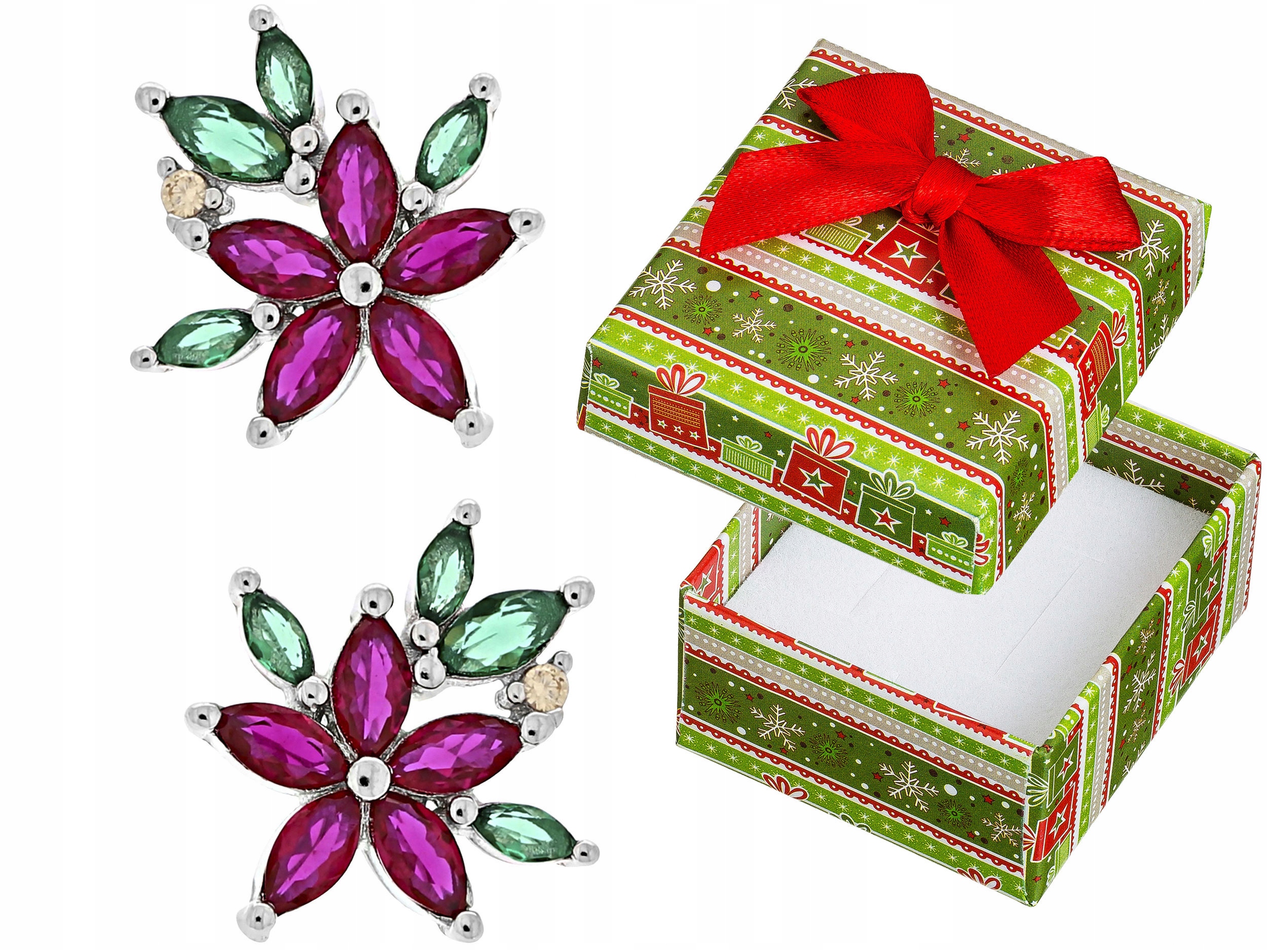 Stříbrné Náušnice Šroubky Květiny s zirkony Barevné rhodiované květiny 925