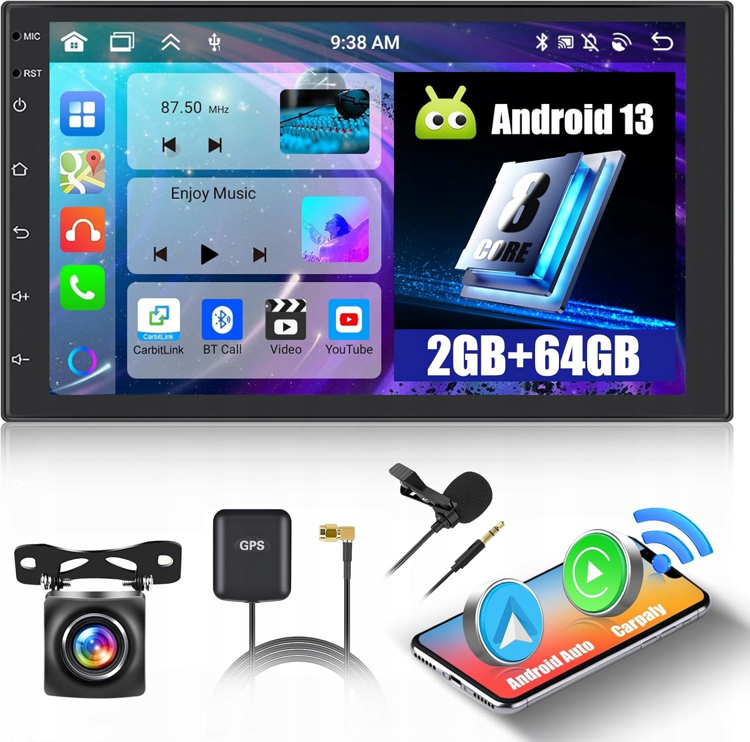 WiFi dotykové autorádio s navigací Rds, couvací kamera 2G 64G Fm