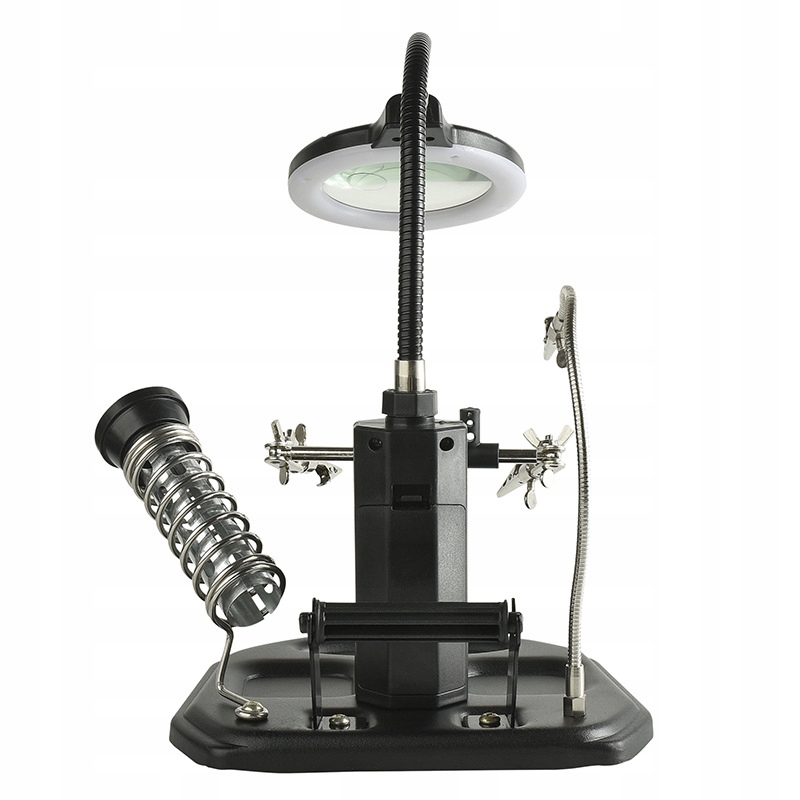 TRZECIA RĘKA DO LUTOWANIA TE-802 UCHWYT PCB Z LUPĄ 85mm 16x LED + AKCESORIA Elementy zestawu lupa