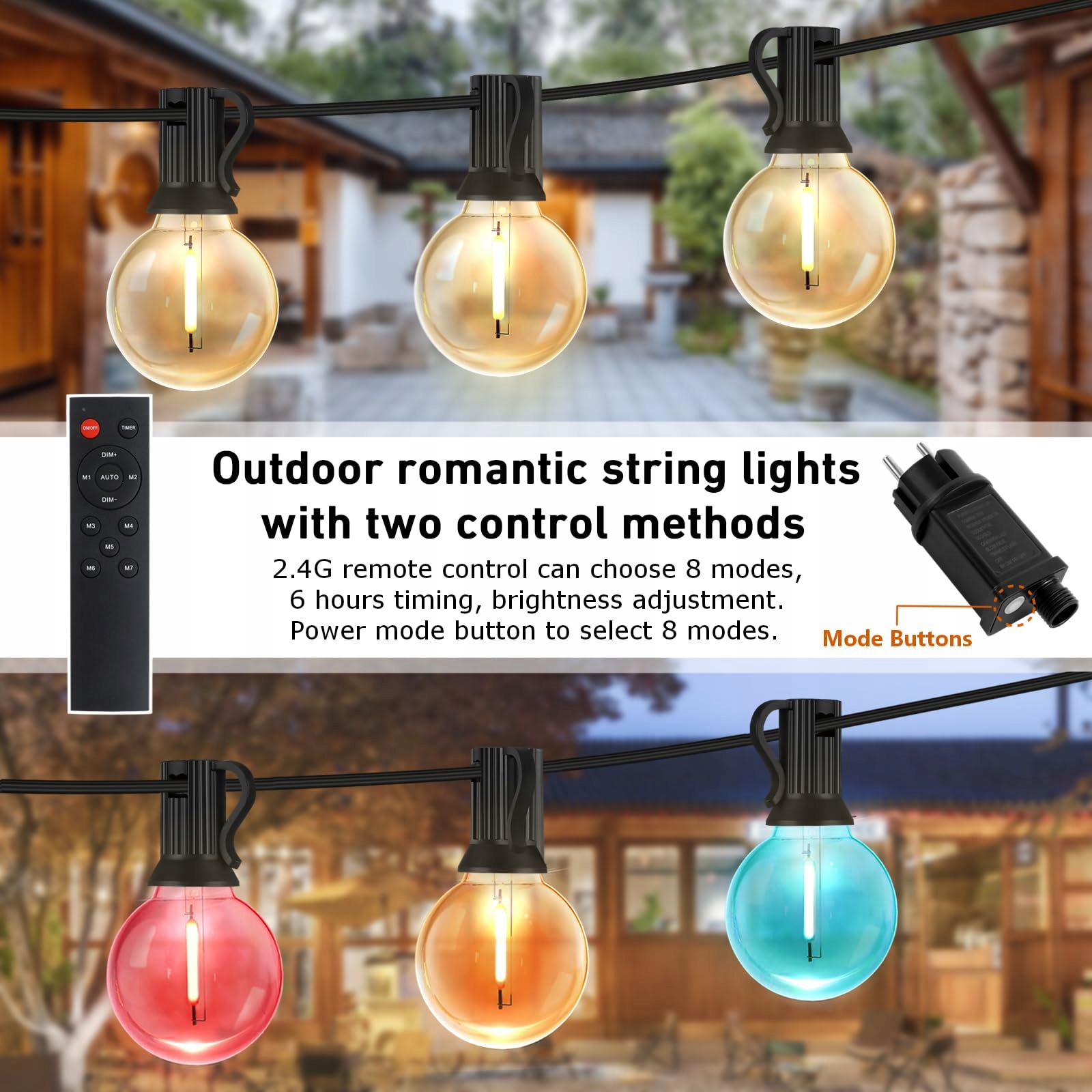HOUHUI Zmieniające Kolor Światełka Zewnętrzne 15m 8 Trybów LED — miniatura 4