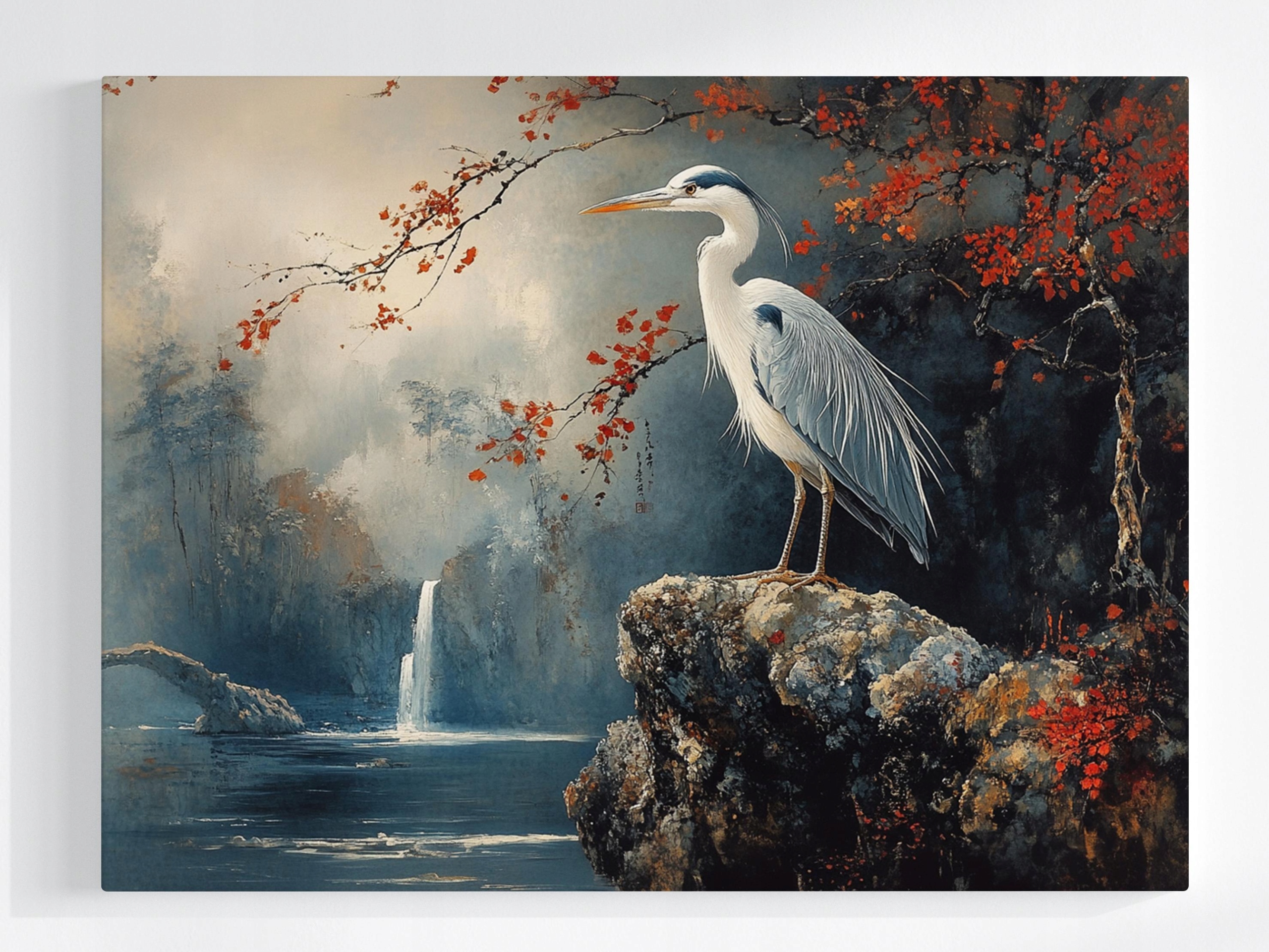 Obraz Na Plátně Canvas Pták Čapla Krajina Vodopád Podzim Asie 100x75