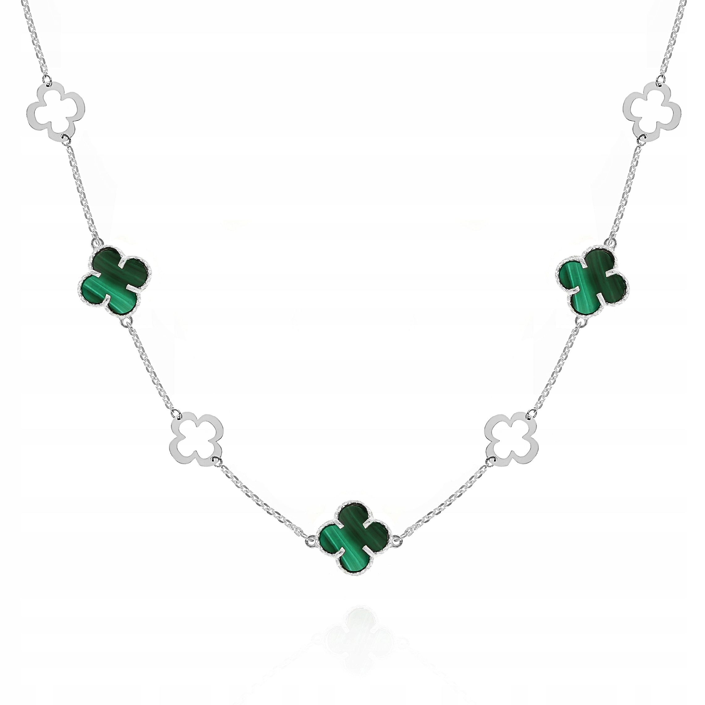 Stříbrný náhrdelník choker čtyřlístky malachit Ag 925 45 cm