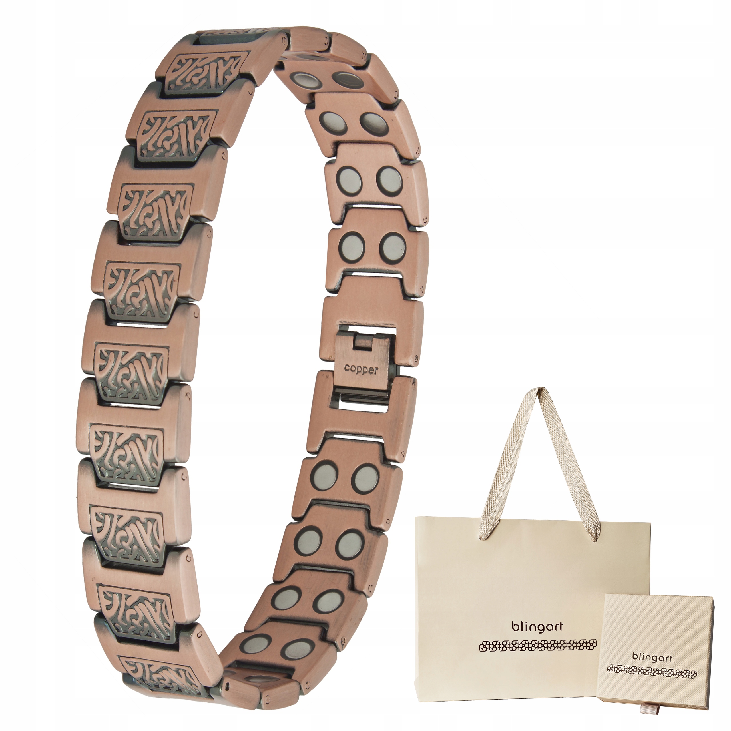 Pánský náramek měděný 22 cm magnetický geometrický vzor magnety