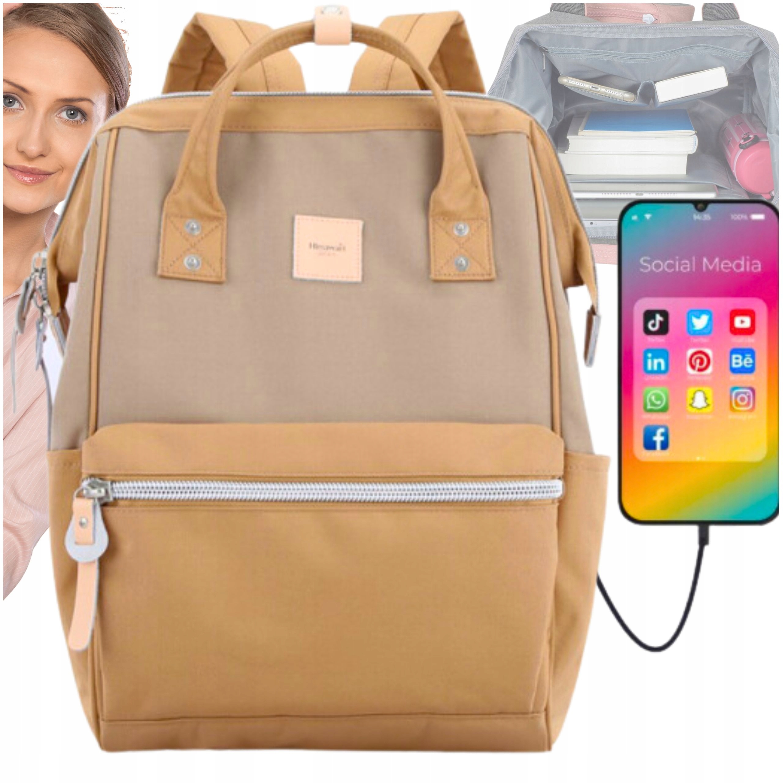 Batoh Dámský městský školní na notebook Tablet Usb Funkční Hnědý