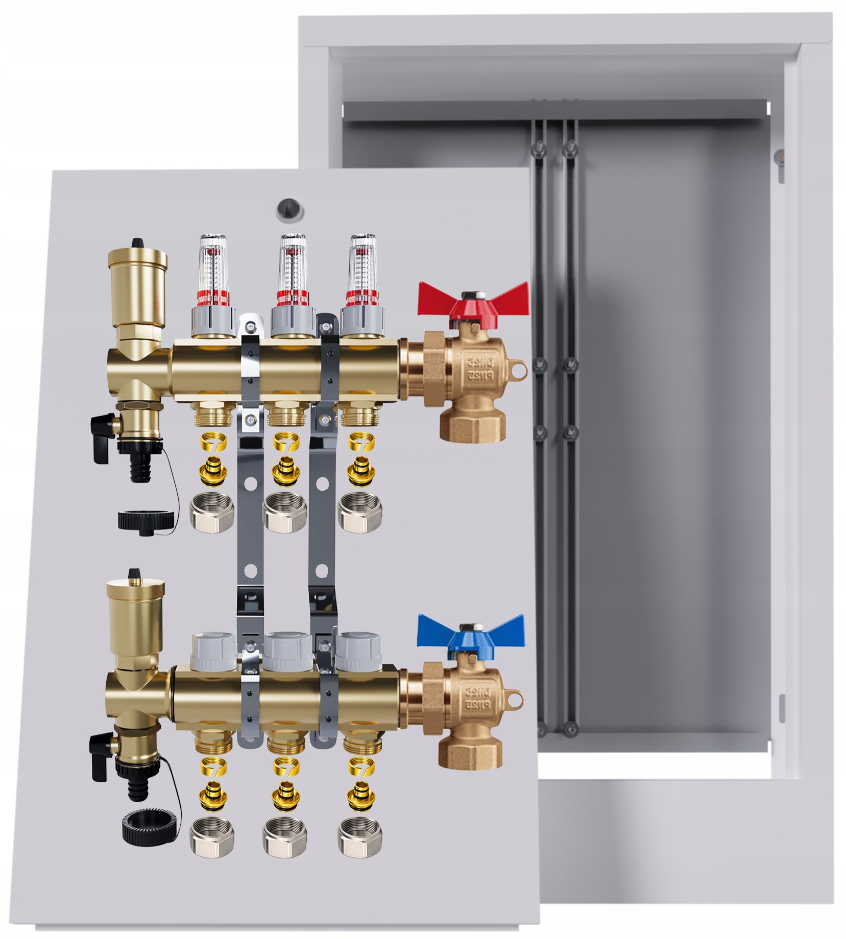 Rozdělovač mosazný podlahový 3 okruhy nástěnná skříňka kulový Pex