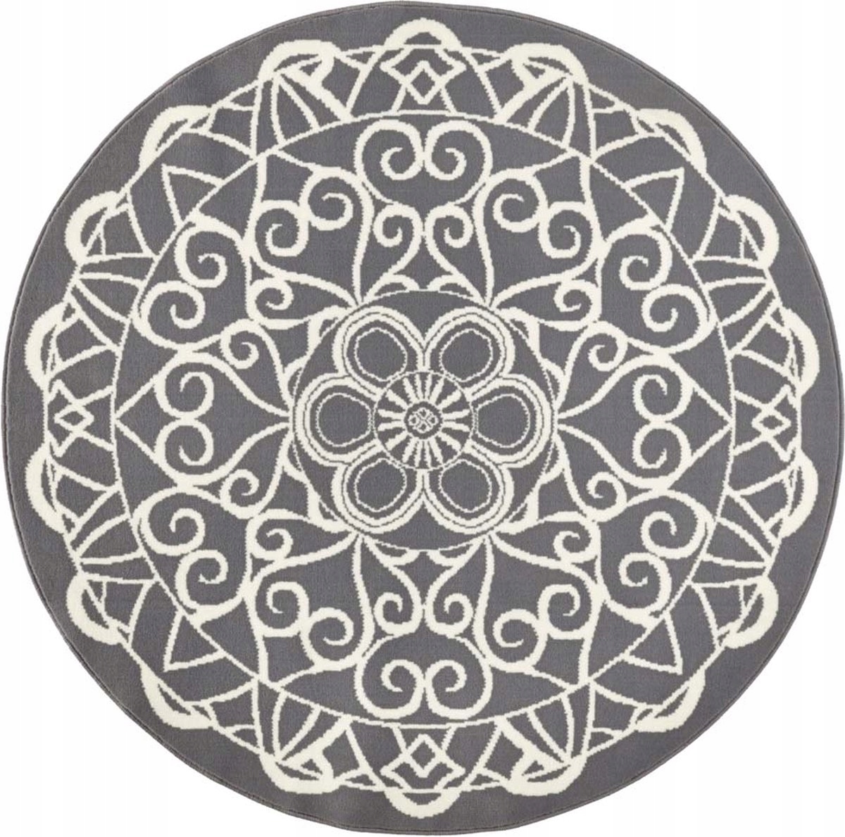 Kulatý moderní koberec do obývacího pokoje, šedo krémový vzor Mandala 140 Cm