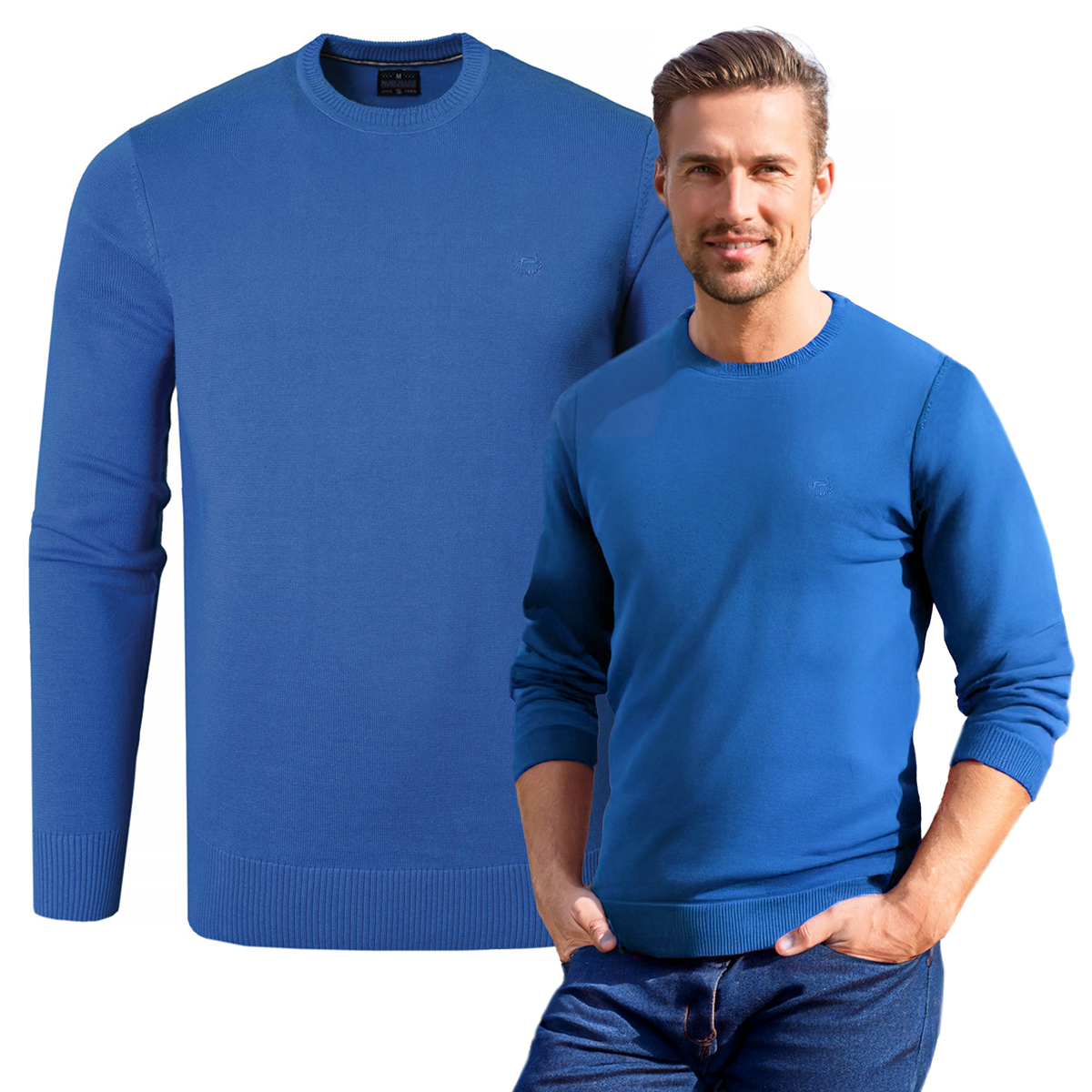 Pánský svetr Klasický Jednobarevný Hladký Basic Modrý XL Pako Jeans