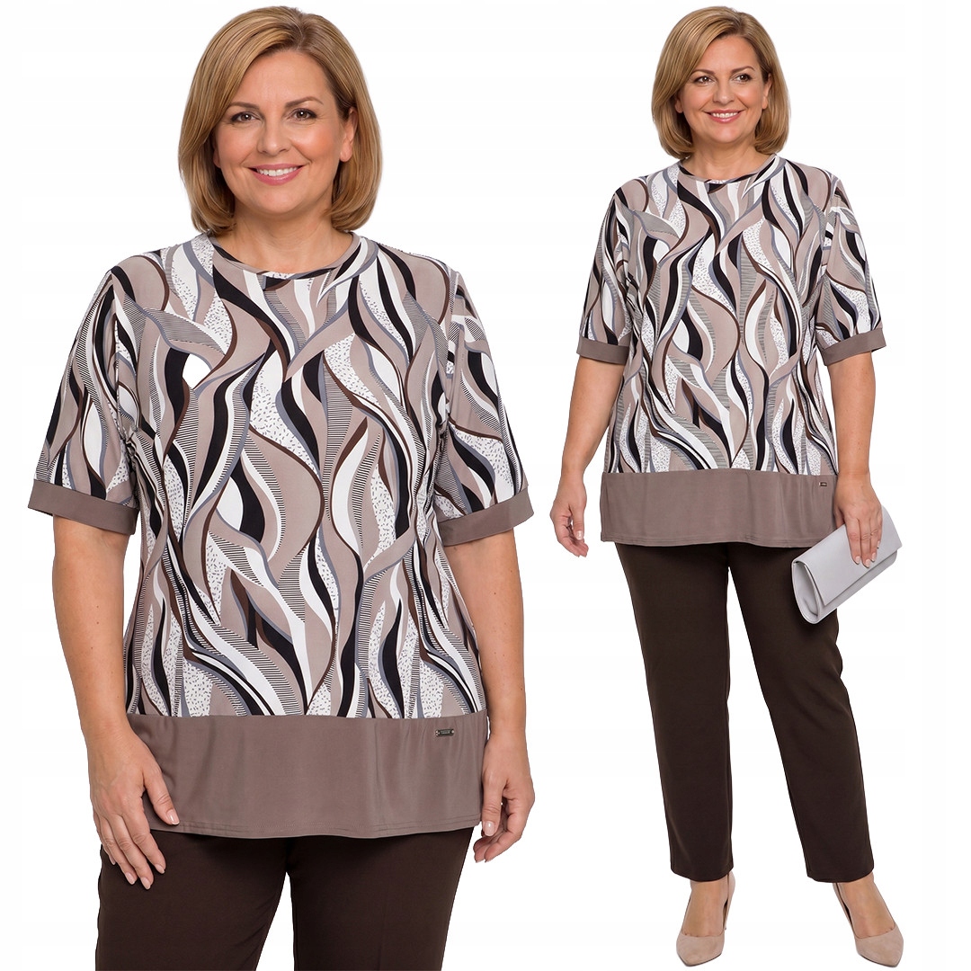 Hnědá bílo-černá halenka s plus size vzory velikost 58