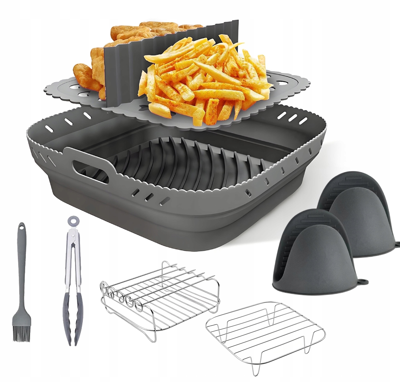 8dílná roštová příslušenství, šedá organizér do air fryer na maso, gril na sladké brambory